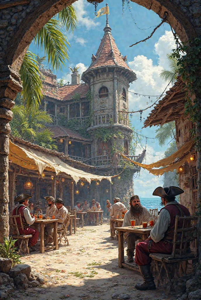 fantasy pirate inn battered tropical setting fortified with pirates during the day