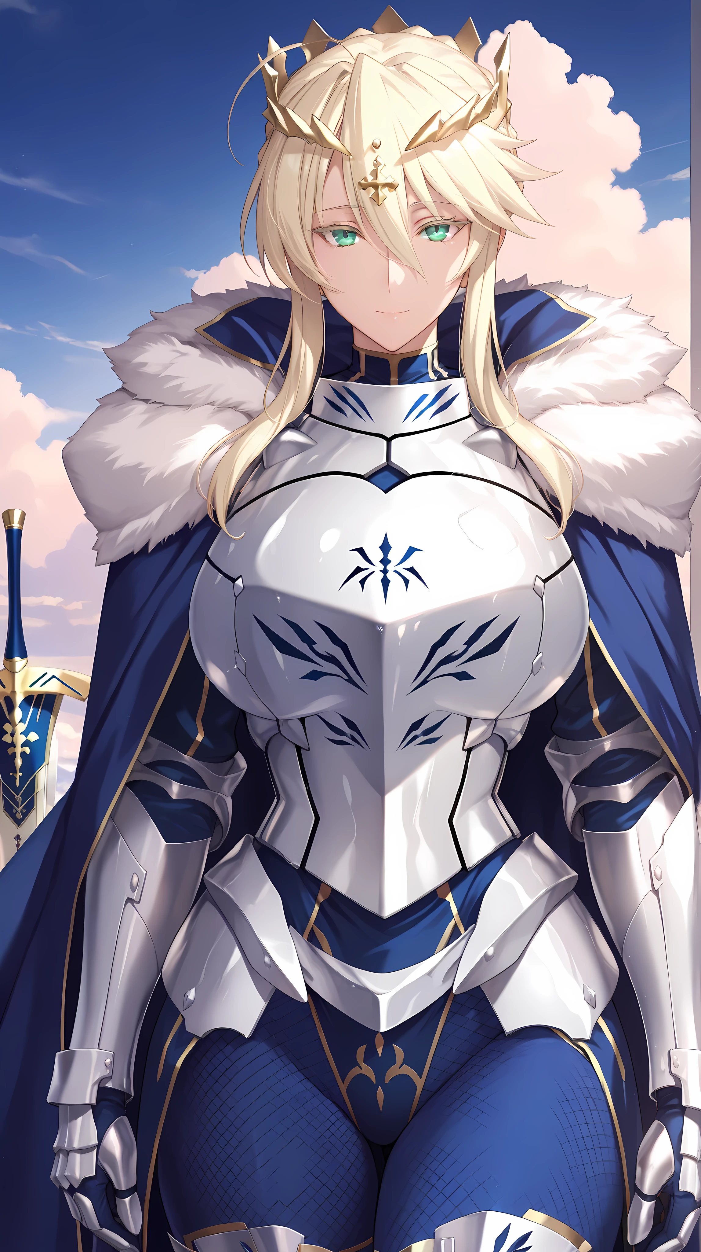 Masterpiece, SFW, very aesthetic, elegant mature woman, artoria pendragon (lancer) (fate), artoria Pendragon Armor, battle worn armor, breastplate,, visual novel cg style, breast armor (covered breasts) , full lace body tights, white armor , fur and  blue cape armor , covered chest armor, Armor, , looking at viewer, slight smile, anime sky background, clouds, 