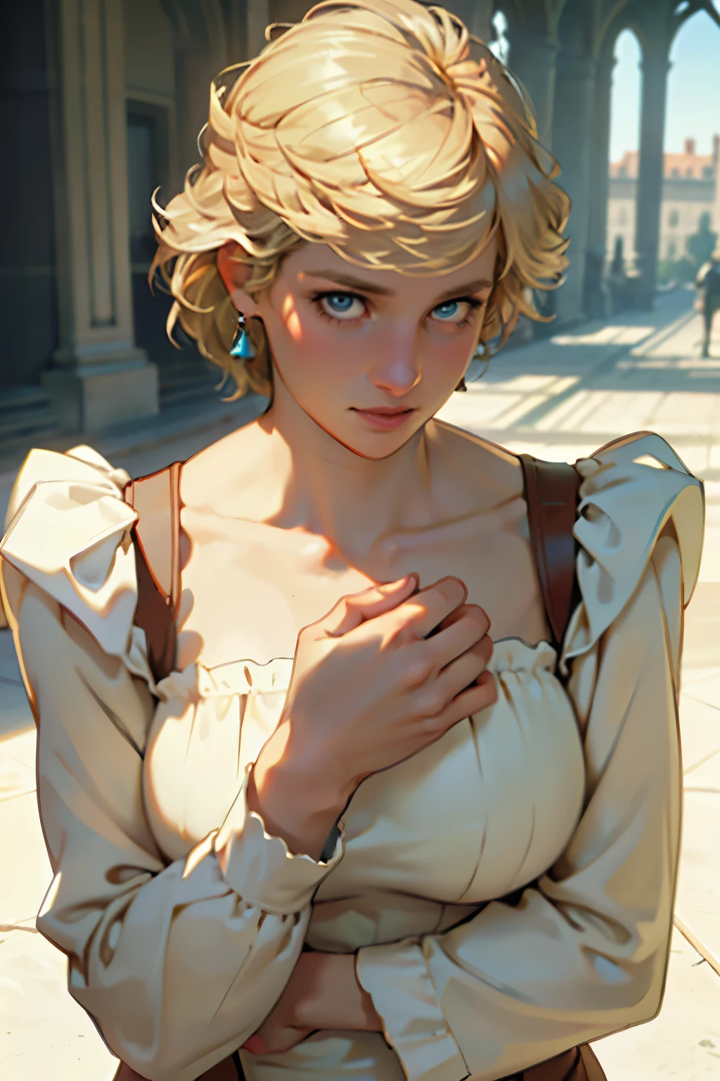 (masterpiece:1.3), (8K, Realistic, RAW Photos, Highest quality: 1.4), (One Girl), Beautiful Face, (Realistic Face), Beautiful Hairstyles, Realistic eyes, Beautiful details, (Realistic Skin), Beautiful Skin, Absurd, charm, Ultra-high resolution, Ultra-realistic, Very detailed, Golden Ratio, (Best Shadow), Cinematic, (Complex:1.4), High Contrast, Side lighting, ((Princess Diana)), ((Accurate hands and fingers)), ((captain england)), 43-year-old Caucasian female, (Blonde Hair, short hair:1.3), 大きな胸, 胸の谷間, (Voluptuous body),