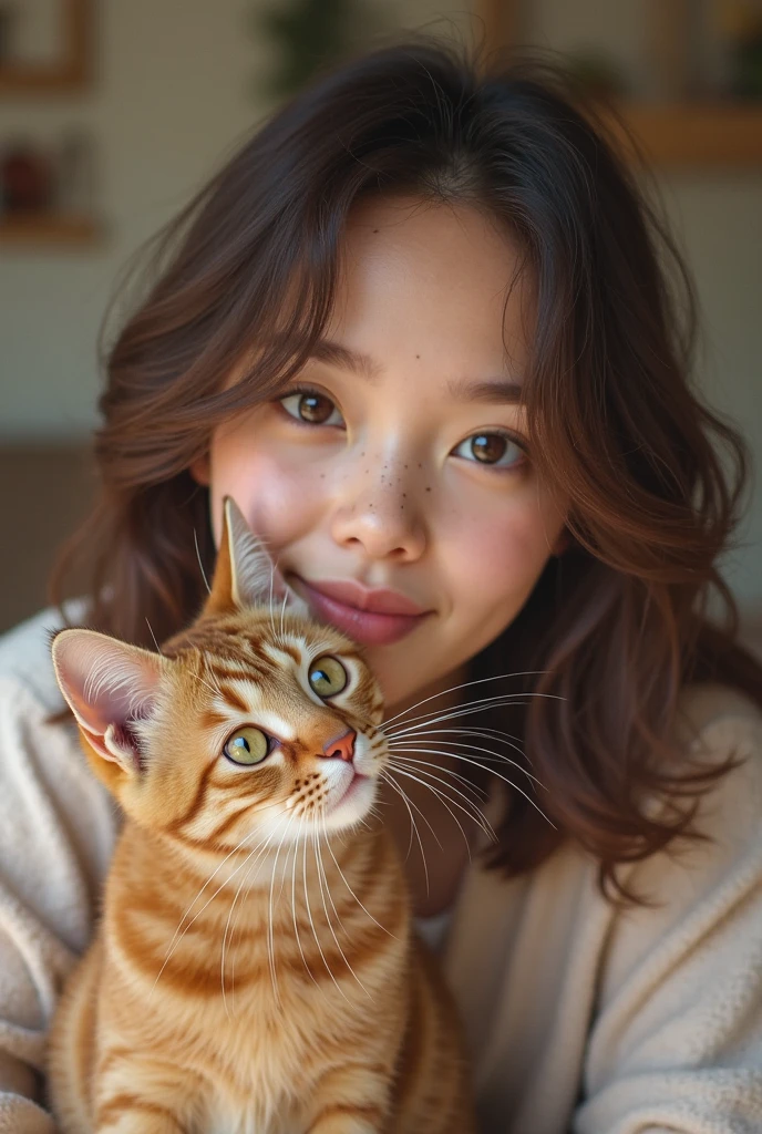 a girl with medium long brown hair , brown eyes with her gray cat filming herself for YouTube 