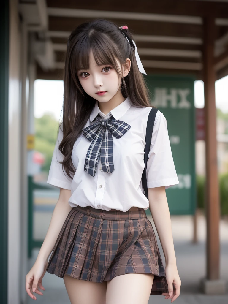 An eight-year-old girl, schoolboy school bag, cute pink school uniform, animal hanging, ponytail, headband
