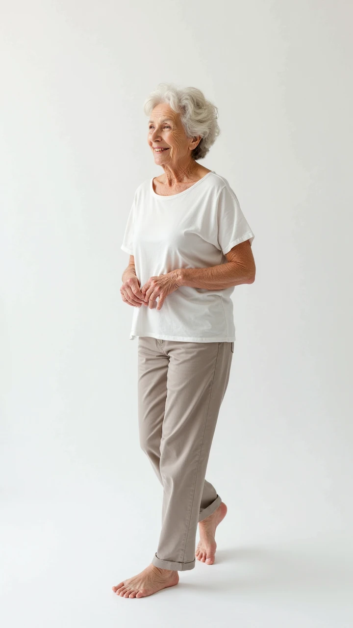 standing lady, old lady standing looking at the camera, elderly woman