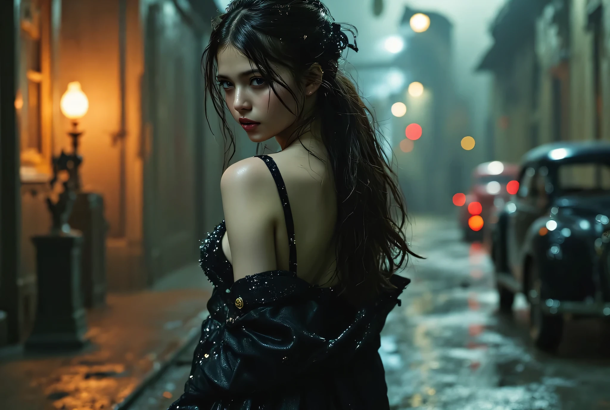 1 woman, pale white skin, thin, ((crying while looking at the rain)), standing on the street, pink and black hair, fireflies flying around her, flowers mixing with her hair, (heavy rain wetting her completely), body Superior, Cloaking, Choker, Hyper Detailed Photo, Luminism, Bar Lighting, Complex, 4k Resolution Conceptual Portrait of Greg Rutkowski, Artgerm, WLOP, Alphonse Mucha, Small Realistic Gothic Pojatti Fusion, Fractal Isometry Details Bioluminescens: A Stunning Realistic Photography, dark night, ((a lot of rain falls and the drops are visible)), the woman looks up at the sky, she does not look at the camera, she is sad, the edges of her eyes are red from crying so much