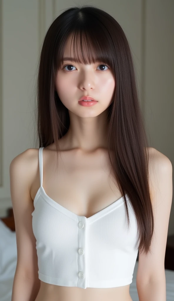 Very young Japanese,14 years old,Gray bra top,big breasts,Black Hair,Long Hair,Soft lips,Fine skin,(Glowing Skin),(masterpiece:1.4),(Highest quality:1.4),white background,all fours,front view,