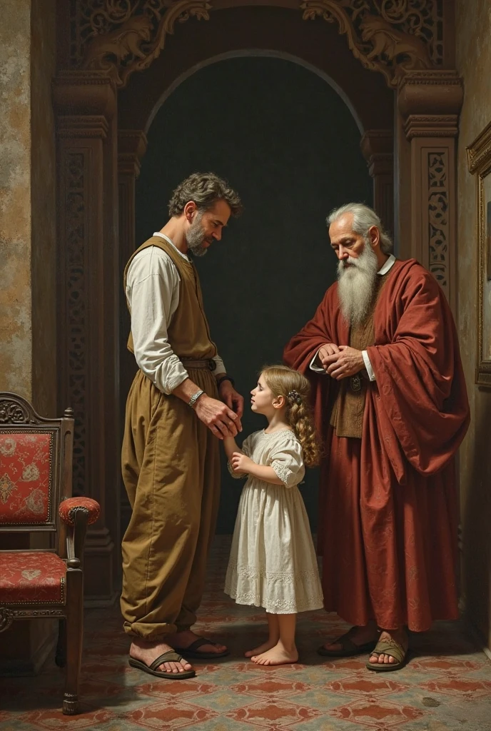 The father holds the daughter's hand as he hands her over to an older Renaissance man