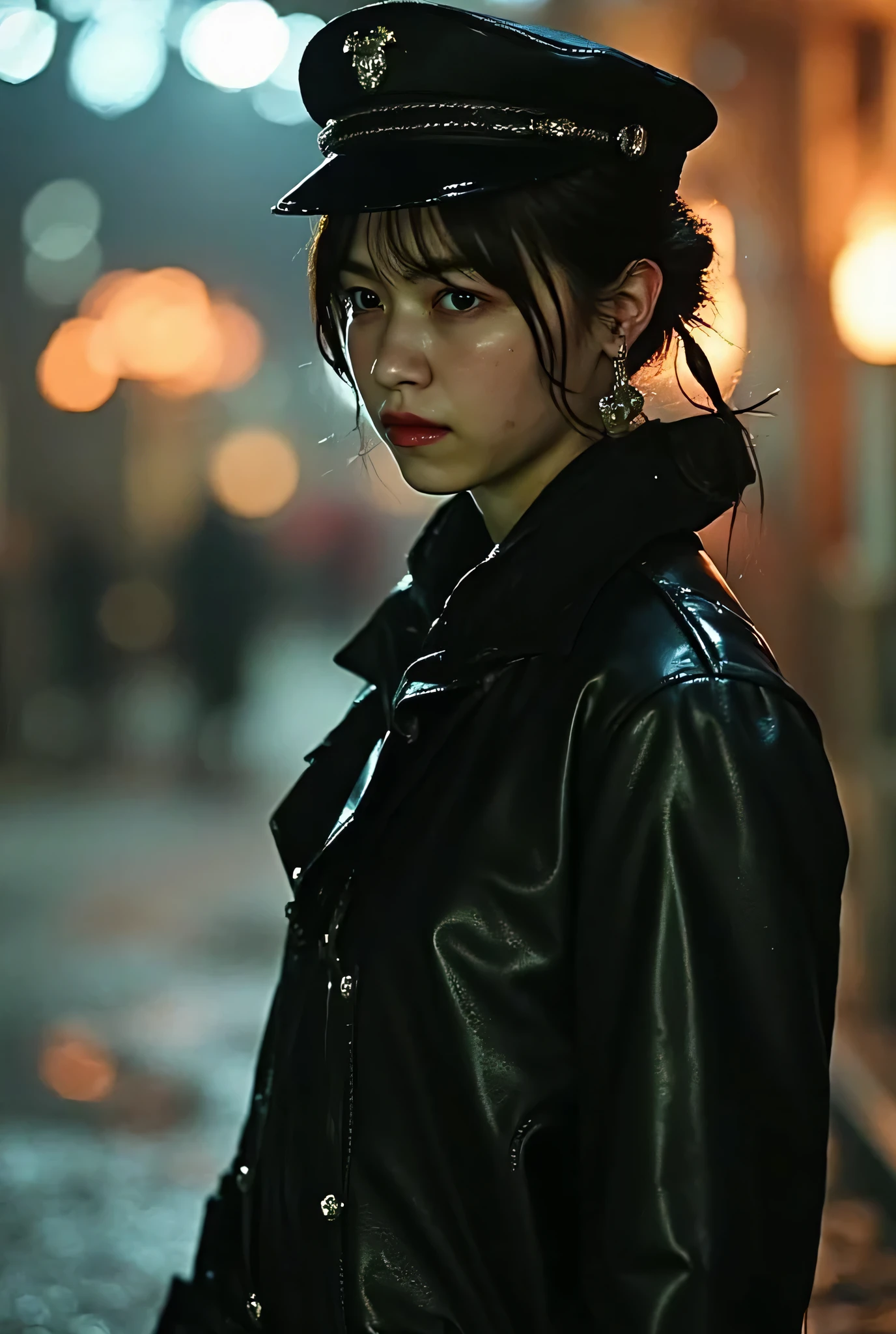 (((Burning Up Early 20th Century European Town:2.0))),((Midnight City:1.7)),(((WW2 Era Atmosphere:2.0))),side view from the back,Side pose,((Looking back and looking at the camera:2.0)),((look back over my shoulder:2.0)),Rear View,One female clown,(cute face:2.0),(Beautiful well-balanced face :2.0),((Twin tails with bangs:2.0)),(Beautiful Eyes:1.3),glamorous shot of a 20-year-old Japanese woman,Beautiful slender body,((model body type:2.0)),((slim body:1.7)),Perfect Body Line,ideal proportions,(big breasts:2.0),((スリーサイズ90-58-86:3.0)),((G Cup Breasts:2.0)), popup,Bare thighs,Sensual Thighs,delicate body,(muscular:1.5),((beautiful tight butt:2.0)),((cute ass:2.0)), ((((bare ass :2.0)))),(((T-back:2.0))),natural posture,(Realistic breast depiction :1.5),Carefully Depicting Limbs Based on Perfect Anatomy,((Black Super High Leg Leotards in Nazi Military Uniforms:1.5)),((Fitted Latex Super Hi-Leg Leotard:2.0)),((Leather long coat with an open back over a leotard:2.0)),((rough mesh black fishnet tights:2.0)),((Nazi Army General's Hat:2.0)),(gloves:1.3),concept art,(top quality:1.5),(masterpiece:1.5),(超高resolution),resolution,UHD,(delicate depiction), carefully drawn with butterfly wings ,32k,((realistic skin texture:1.5)),(((super realistic:1.5))),carefully draw eyelashes,highly detailed face,Highly detailed female hand,Extremely Sensual,(Blurry Dim Backgrounds :1.5),Professional Photography,(movie lights:2.0),((Blade Runner style lighting:2.0))