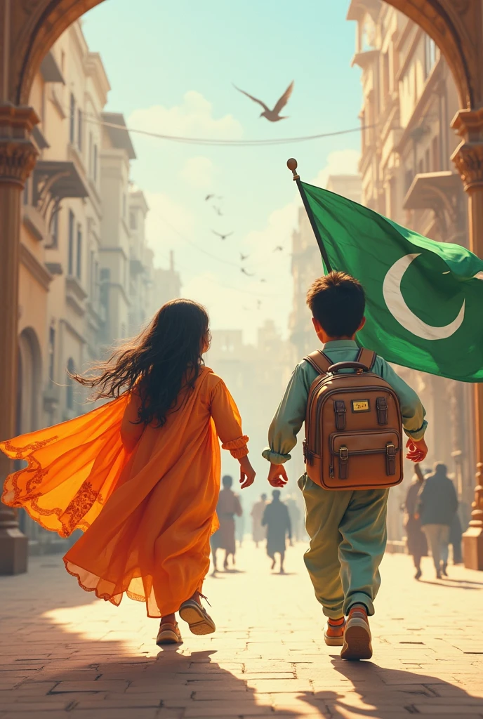 Two boys are chatting. One is wearing a Punjabi with a Bangladeshi flag and the other is holding a Pakistani flag. Another is wearing Punjabi with Pakistan flag and holding Bangladesh flag.