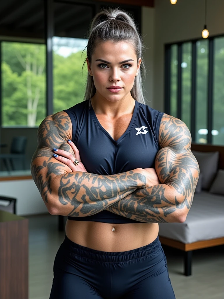 Covered in tattoos 55 year old rondarousey, heavily muscled iffb pro female bodybuilder,masterpiece, best quality, 1girl, vpl, dressed in a sexy leather side split dress, risque, smirk, biceps, leaning back in chair,