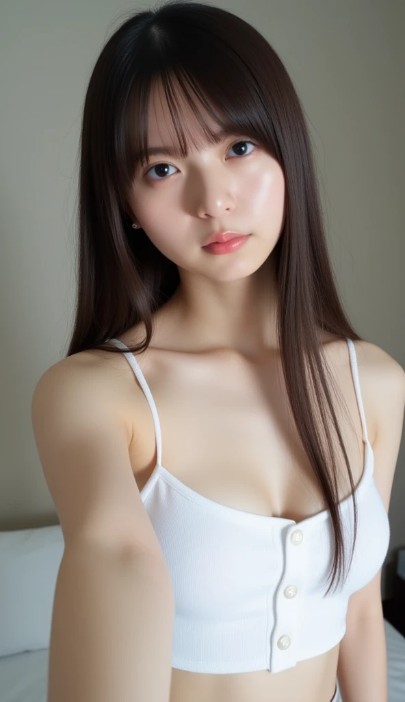 masterpiece、highest quality、16K、RAW Photos、Super detailed、Ultra-high resolution、UHD，Depth of written boundary、very detailed、late night office、dim、Cinematic lighting、Professional Lighting、Pale shading、Weak contrast、Japanese、beautiful girl、Smooth, silky skin、Translucent white skin、sitting in front of the computer、Operating a computer、（Loose camisole、（Pink:2.0））、（Tight knit micro mooth and beautiful thighs:1.6）、(Large Breasts:1.4)、Saggy breasts、The chest is wide open、Deep cleavage、Small areola、Small nipples、Beautiful nipples、Cherry-colored nipples、White Breasts、Fine and beautiful eyes、（Hanging eyes）、Long eyelashes、Clear double eyelids、Tear bags、（Thin eyebrows:1.0）、（Thin lips:1.0）、Natural Makeup、Natural color lip、A smile that makes people happy、(Floating hair、Messy Hair、Wavy long hair、High Ponytail),(The bangs are see-through)、office chair、Head to thigh photo
