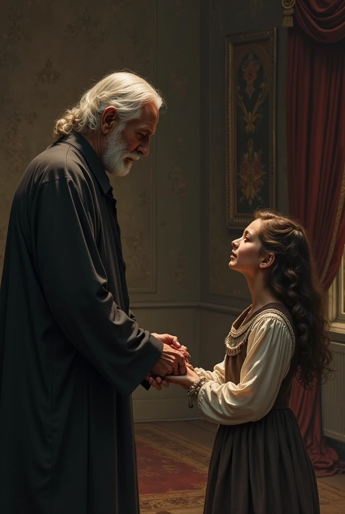 The father holds the oldest daughter's hand while handing it over to an older man.