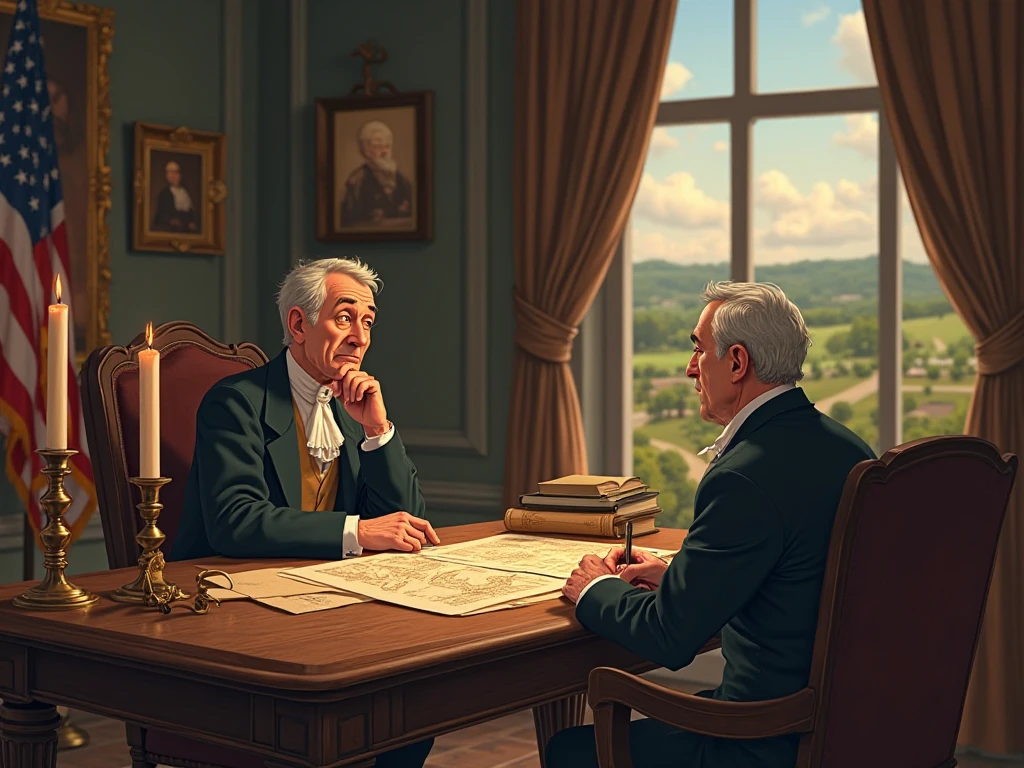 . Designing the Great Seal of the United States
Prompt: Charles Thomson at a table with sketches of the bald eagle, shield, and olive branches, deep in thought with early U.S. design papers spread out.

5. Charles Thomson in a private meeting with foreign diplomats
Prompt: Animated depiction of Thomson discussing with diplomats from Europe, sitting around a wooden roundtable with candles, maps, and formal dress of the 1700s.

6. Final years of Thomson in retirement, reflecting on his service
Prompt: Elderly Charles Thomson sitting on a porch, writing a memoir with the U.S. Constitution and a faded flag beside him, peaceful countryside in the background.