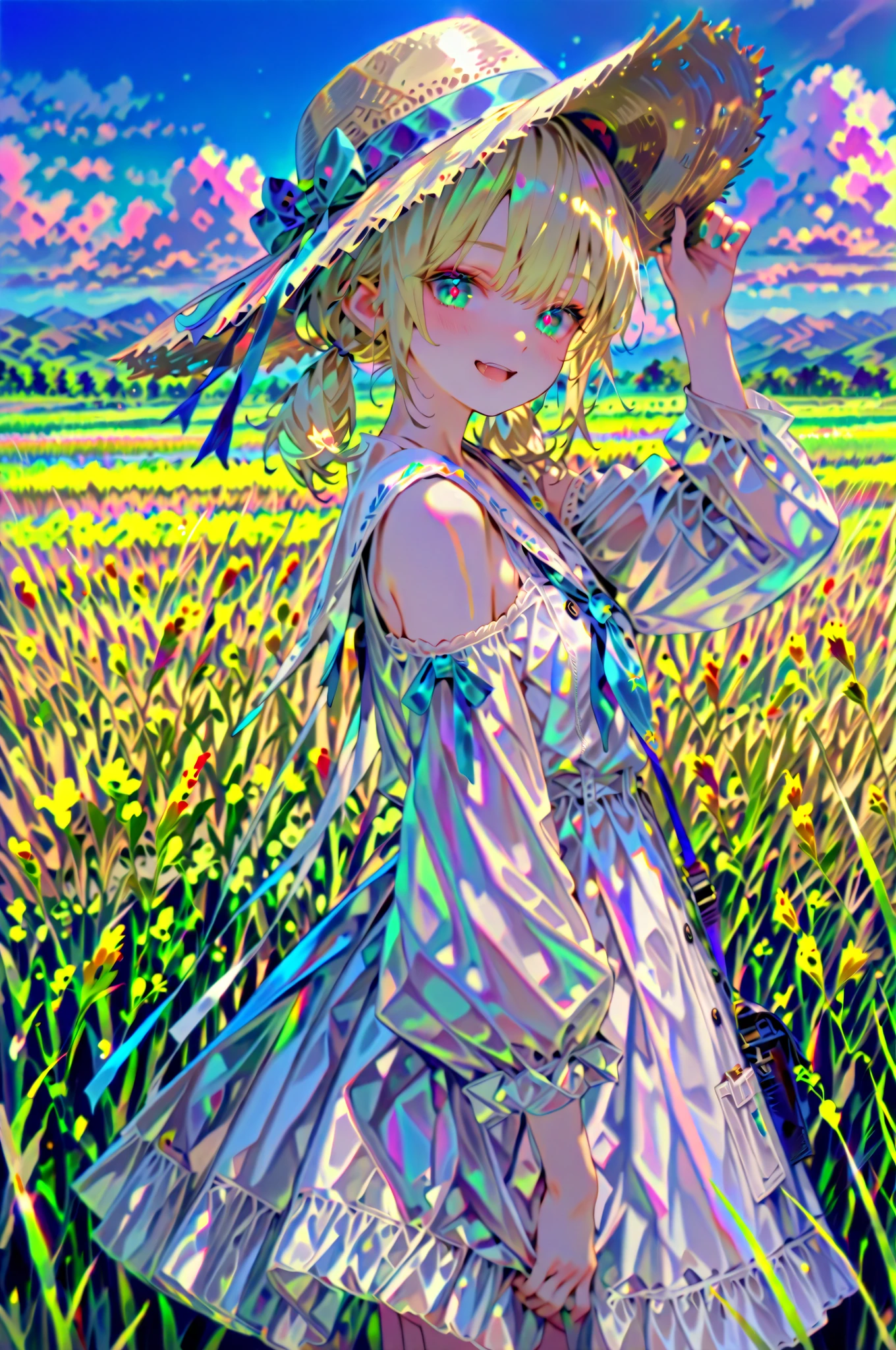 RAW, score_9_up, score_8_up, score_7_up, (Masterpiece), (best quality), (8K), (super detail:1.2), (High Definition:1.3), (best quality), (4k), (8k), (highres), (masterpiece:1.2), (ultra-detailed), (incredibly absurdres), (sharp focus), (artwork), (physically_based_rendering), (vibrant_colors), (warm_lighting), (magical_atmosphere), (fantasy_landscape), detailed background, (dreamlike_setting), (whimsical_details), 1girl, girl, solo, , little_girl, small girl, under age, young, kawaii, fair_skin, petite, young_face, blonde hair, smiling, open_mouth, flat body, young body, twintails, aqua eyes, aqua pupils, white_dress, skimmer, broad straw hat, wide-brimmed hat, grabbing hat, standing, outdoor, field background, UHD, five_fingers, from side, looking_at_viewer, face focus 