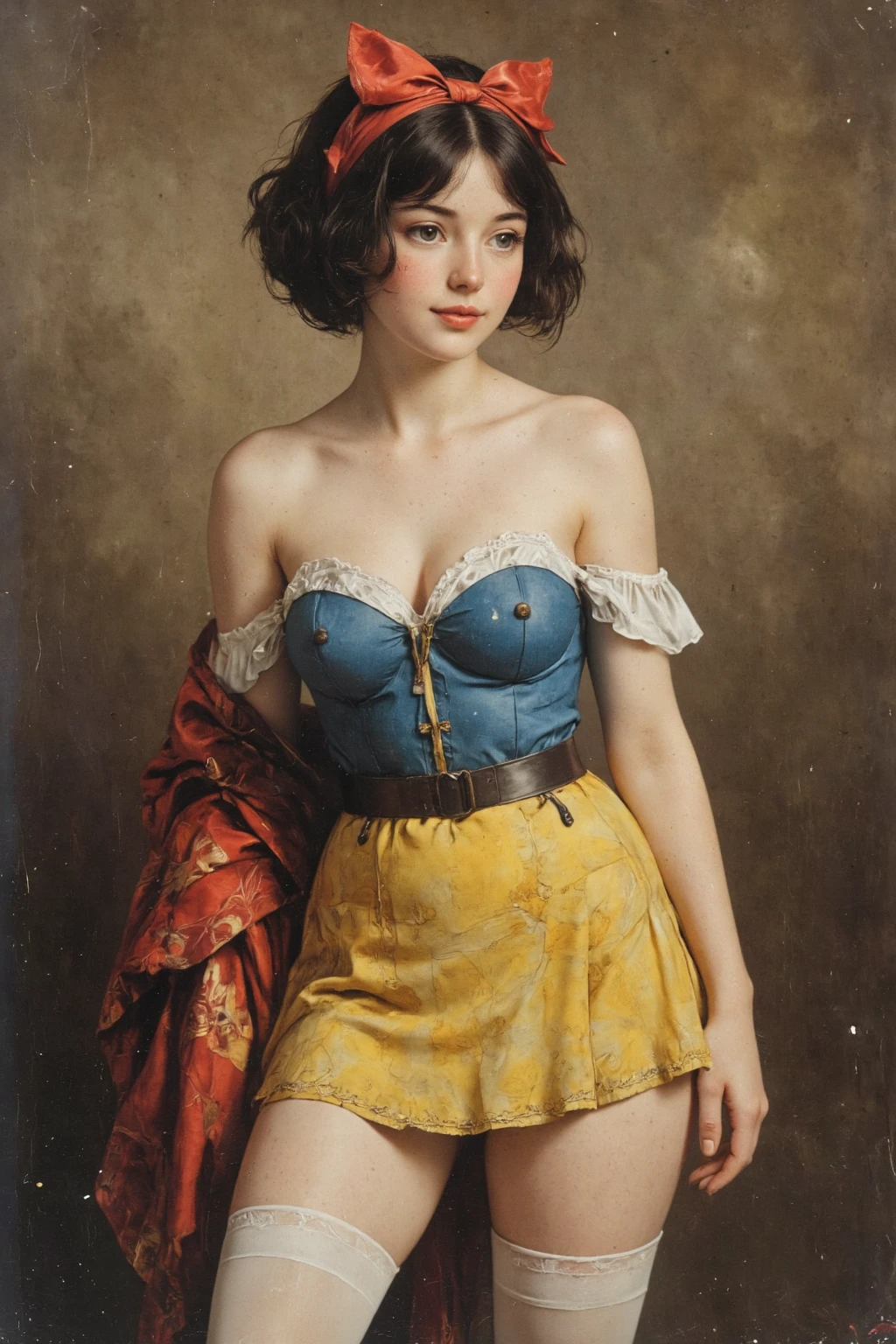 antqgldnCE style, , A full-body publicity photograph of a young , Snow White, 
This photo was taken in a high-class ,
19th century photograph, antique photograph, sepia-toned photograph, The photograph was partially hand-tinted, natural smile, Her name, Her price, Photo date, blue bodice and yellow , white tights, headband with a large red ribbon, 