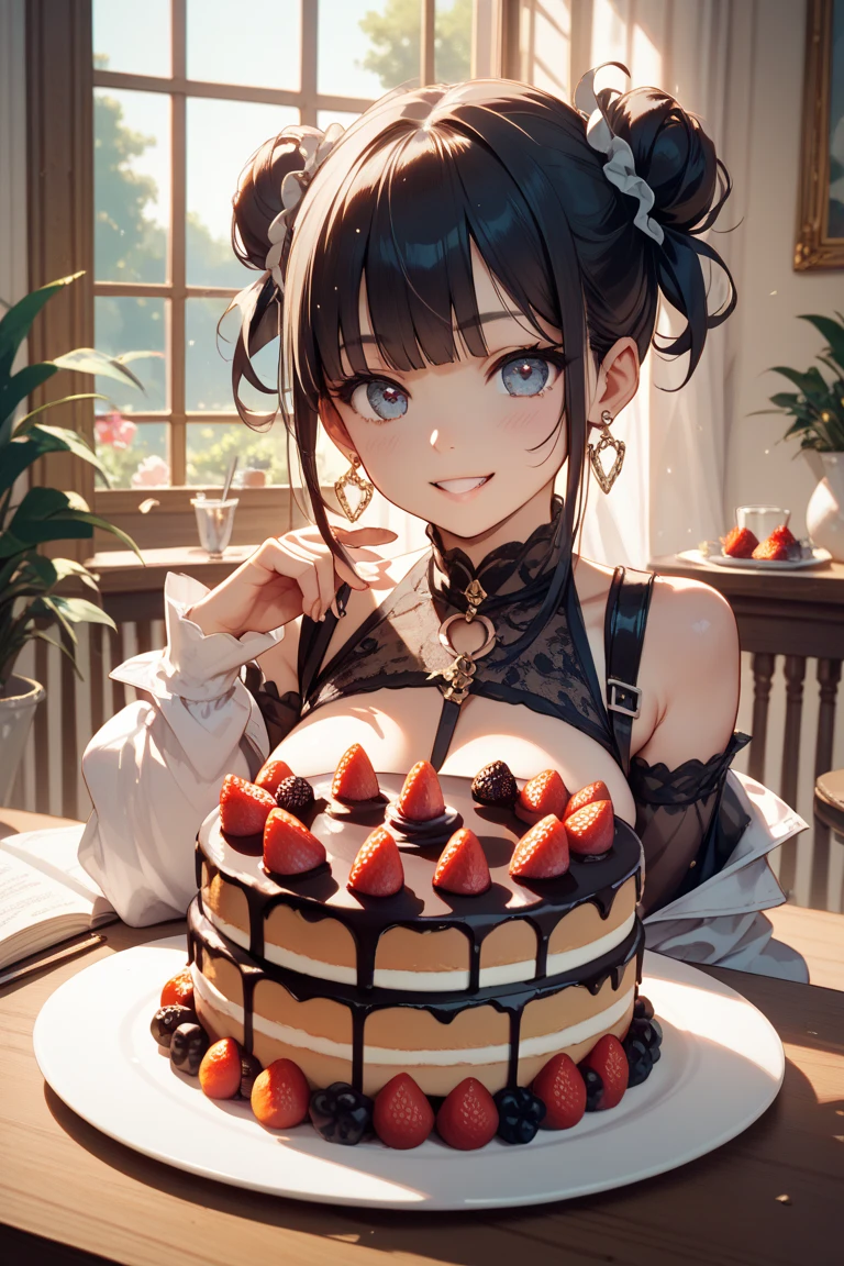 1 girl, small nose, very beautiful detailed face and eyes, bright colors, cute face, delicate beautiful face, Bright magenta eyes, cute eyes, sparkling eyes, Big eyes, (big breasts:1.3), (perky chest:1.1), (pointed chest:1.0), (cake magazine cover:1.3)，highest quality, WorKs of masters, High resolution,BlacK color hair，shiny hair, side ponytail,hair between eyes,bangs, (black jacket, real clothes, cleavage, black skirts, black thighhighs, thigh strap, fingerless gloves, single glove:1.2) , spread legs, panties shot, medium hips, glamorous body, white skin, smile, thin pubric hair, super beautiful face, Super beautiful eyes, Super beautiful hair，trendy outfit，sexy and attractive,full body esbian, Real World, Natural light,perfect Natural light,(with sparkling eyes and a contagious smile), This masterpiece is not only visually stunning but also tells, make of cake cooking , in the kitchen, open mouth, looking at viewer, 