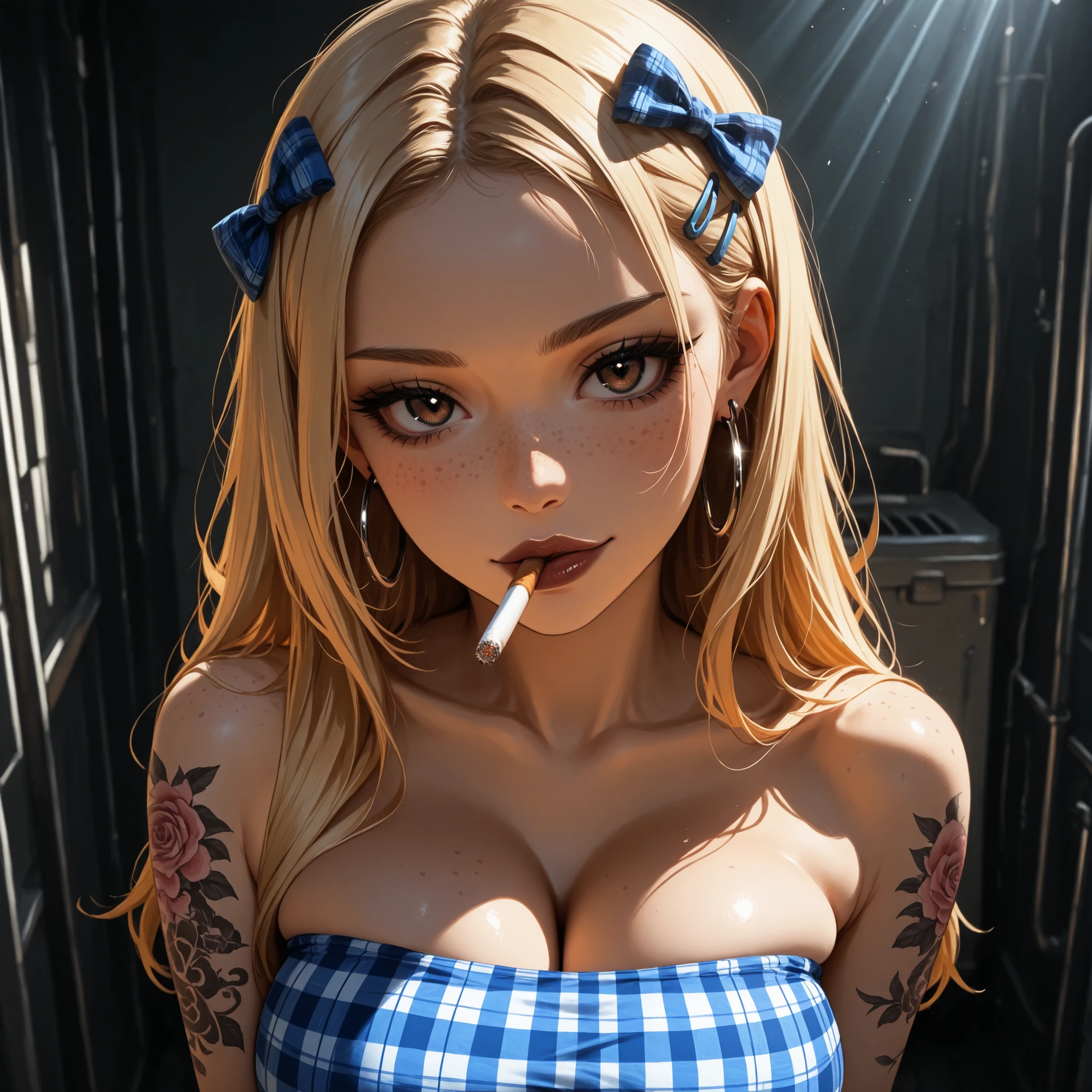 24 year old girl, heart face tatoo small, standing next to dumpster, dark makeup, alt girl, cigarette in mouth, close up, 1girl, Solo, High Resolution, looking at viewer, Bangs, Hair Bow, Masterpiece, High Resolution, Anatomically Correct, Detail, High Details, High Quality, Hoop Earrings, cute freckles, seductive expression, plaid Hair Ribbon, Jewelry, Hair Clip, Backlighting, Bloom, Cinematic Lighting, God Rays, score_9, score_8_up, score_7_up, cinematographic film image, blonde, influencer, model, beautiful, many tattoos, tube top, large breasts,