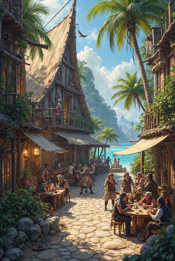 fantasy pirate inn battered tropical setting fortified with pirates during the day