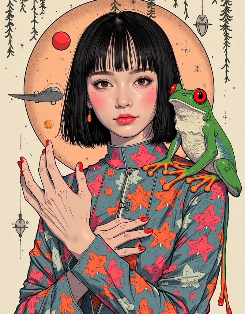 Illustration. A woman is wearing a colorful abstract patterned outfit, and her graceful hand movements create a unique and fascinating visual. A large green tree frog with red eyes is perched on a person's shoulder. Soft balanced lighting, frog and outfit. The overall tone is introspective and surreal. Visualization of a crazy inner world, detailed details, hidden details, radical anime, mix of psychedelic and pop, hand-drawn drawing style illustration, pop art, full color illustration, cute detailed artwork, hand-drawn anime style, anatomically accurate. The background is graceful with minimalistic geometric patterns.