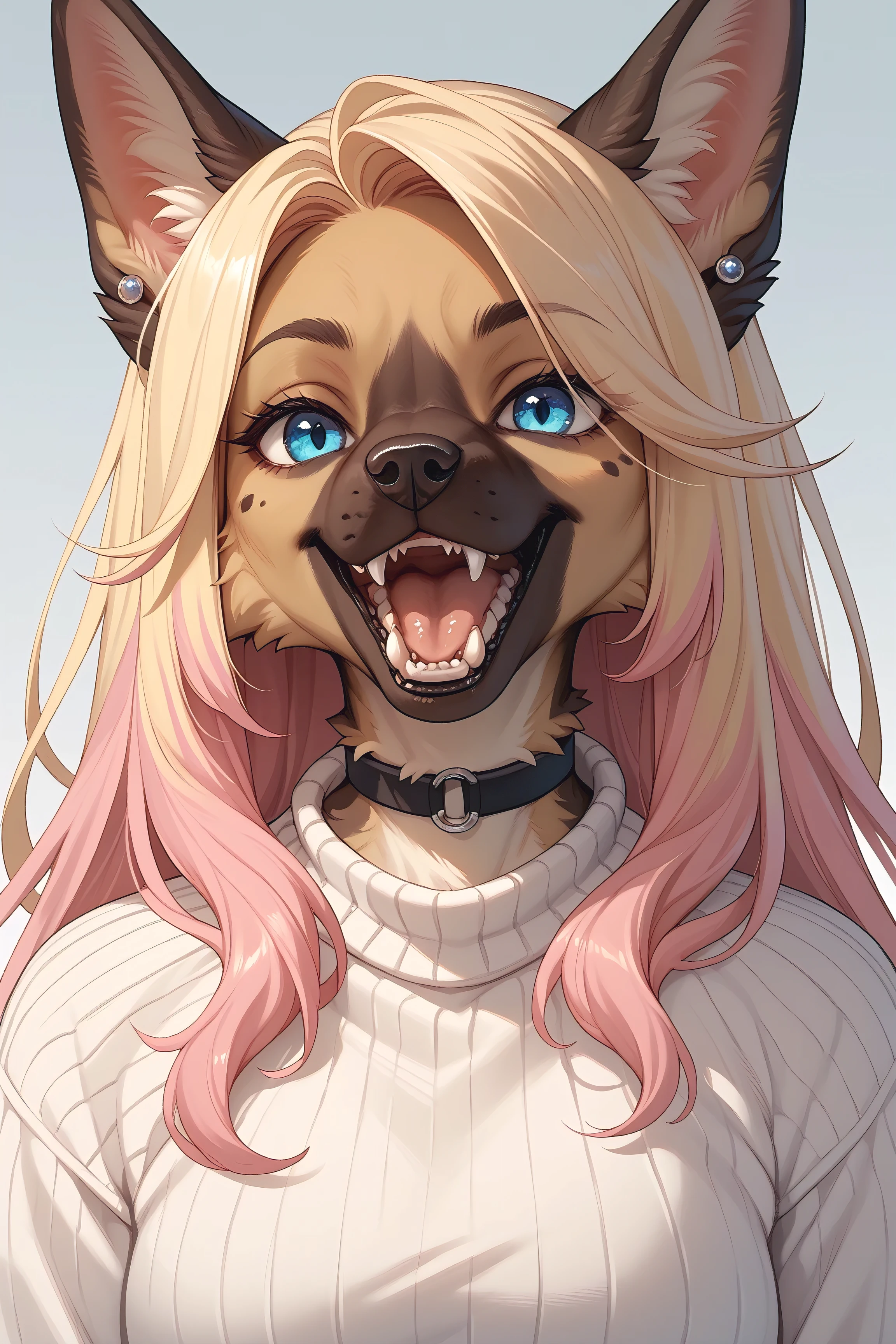 anthro german shepherd, 1girl, animal ears, solo, blue eyes, multicolored hair, pink hair, furry, teeth, furry female, jewelry, blonde hair, looking at viewer, long hair, open mouth, earrings, choker, fangs, gradient hair, sweater, portrait, simple background, two-tone hair, white sweater, face detail emphasis, dog ears