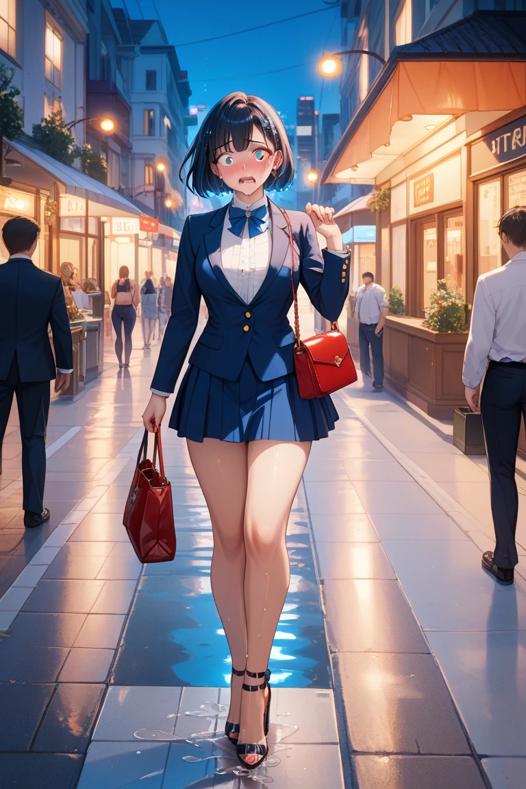 sexy anime-style elegant woman in her 30s, with short black hair, wearing an extremely short tight blue mini dress so short that her underwear is slightly visible, walking on a city sidewalk at night after a wedding after-party, holding a stylish handbag, standing next to a surprised businessman in a suit, legs tightly pressed together, unable to hold her pee, liquid clearly streaming down her bare legs from under her dress and running down to form a puddle at her feet, wearing high heels, covering her face with both hands in extreme embarrassment, face flushed deep red, teary eyes, half-crying expression, shocked passersby staring at her, dramatic anime-style lighting, nighttime urban background, full body, highly detailed