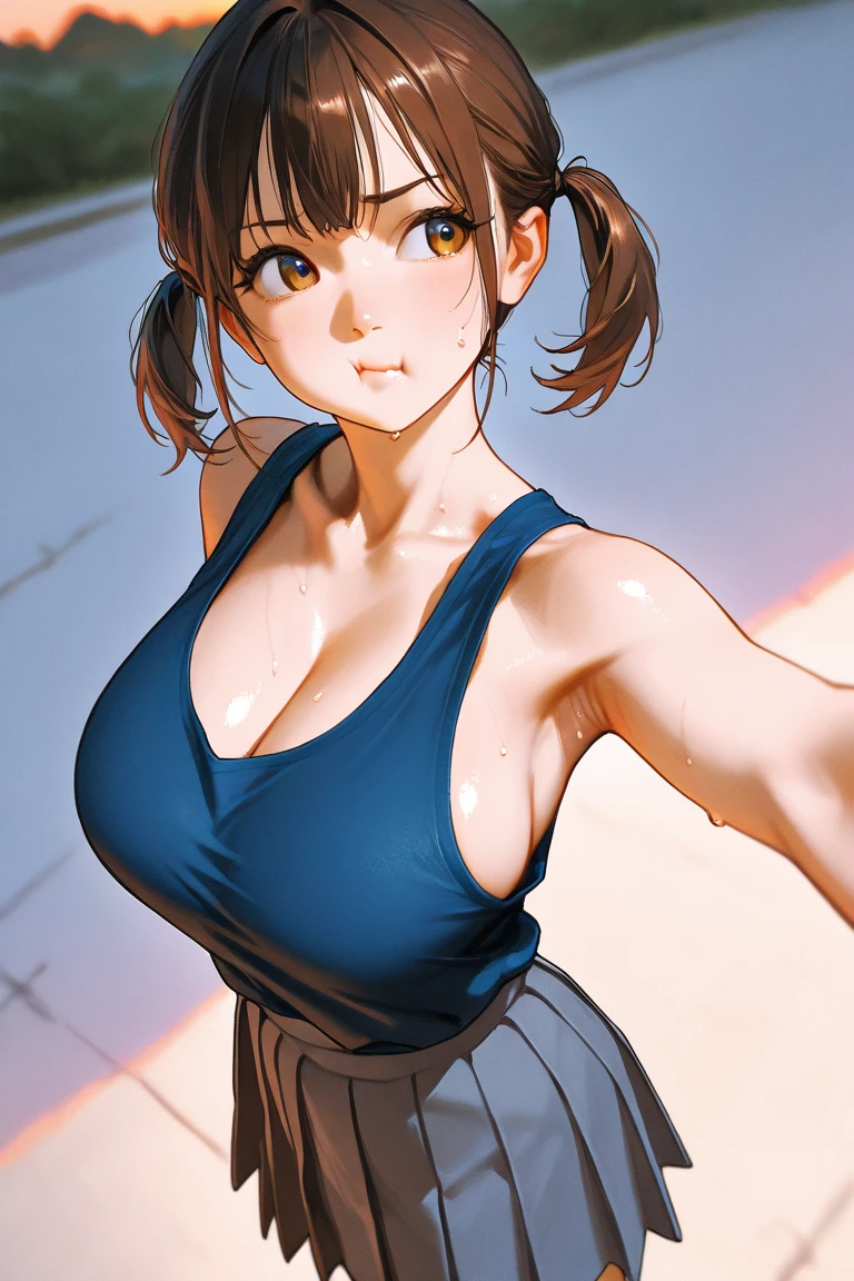 masterpiece, High resolution, figure, Kyoto Animation Style, Your Name Movie Style, night, mid-night, Light, (1girl:1.3), (alone:1.4), Long eyelashes, messy hair, medium hair, (tank top), (((in heat, aroused, wishful))), ideal ratio body proportions, sagging breasts, from above, {{{{vulgarity}}}} big breast , the nipple pops out , naughty pose,