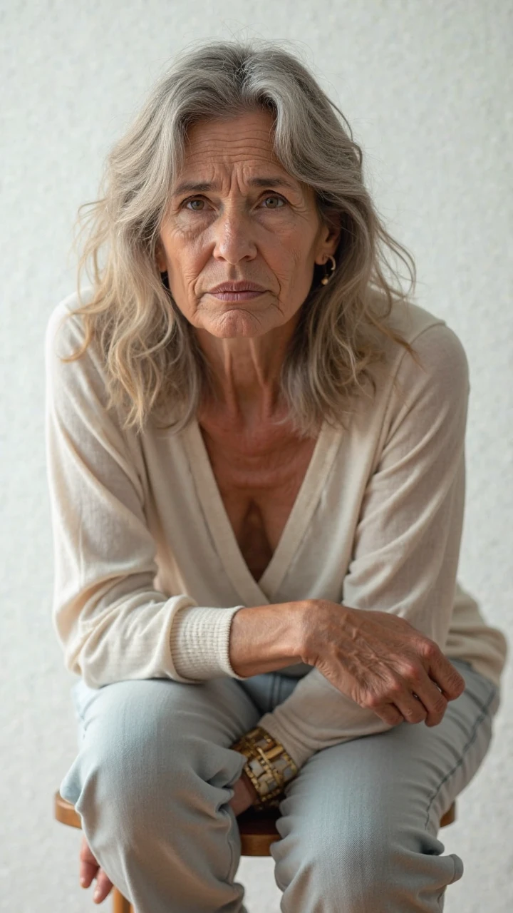 (Old woman: 1.4), with long gray hair, Strict face, housewife, aunt look.