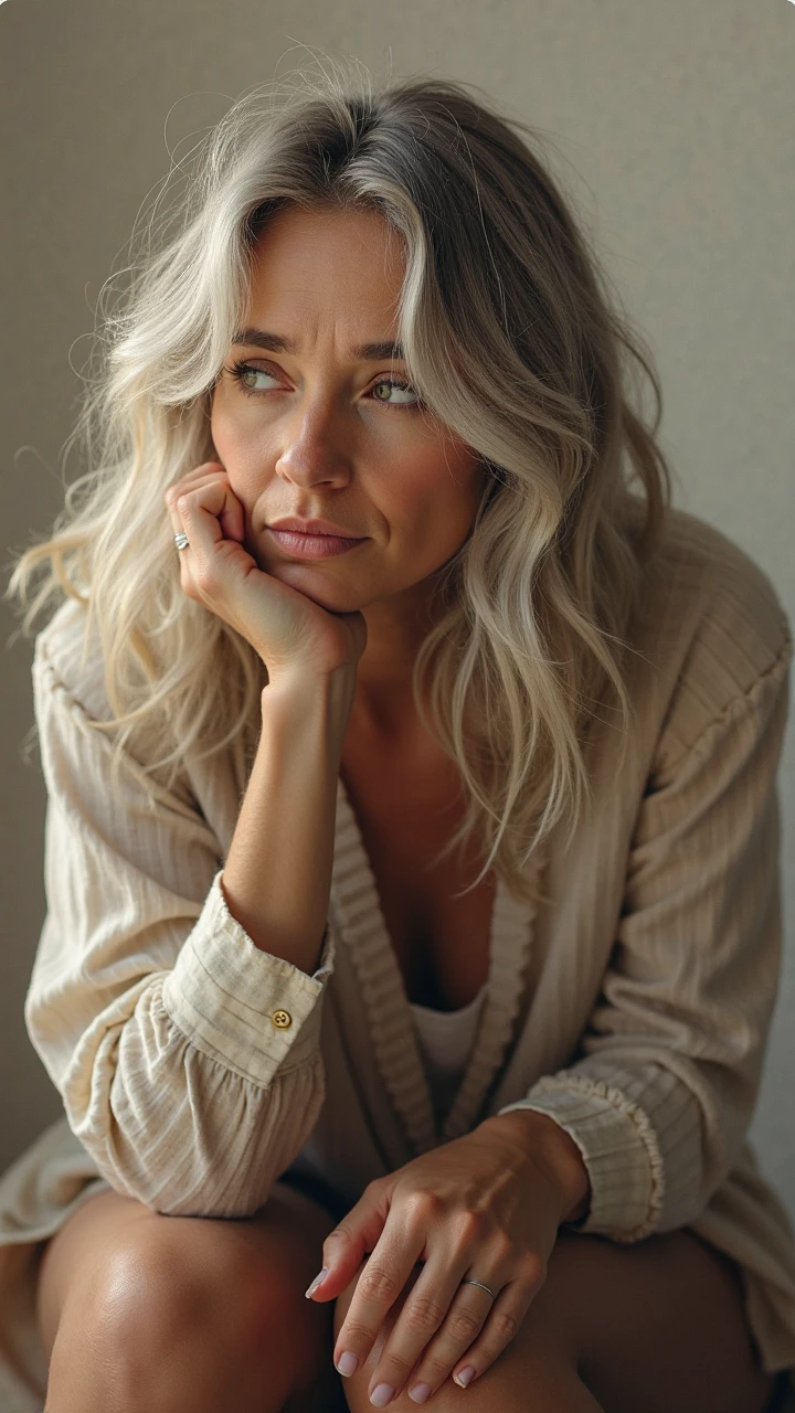 portrait of a 65-year-old woman with gray hair, top-quality, ​masterpiece, hight resolution, Photorealsitic, profetional lighting, ighly detailed, depth of fields, ((beautiful mature lady)), ((sixty years old)), Female sexy, ‎Classroom, ((Sweaters, skirt by the)), Detailed face, beautidful eyes, bangss, large breasts of good shape, Light Brown Straight Hair, Faint lips, ((Stand forward、gazing at viewer, Serious face)), cowboy  shot, sharp,