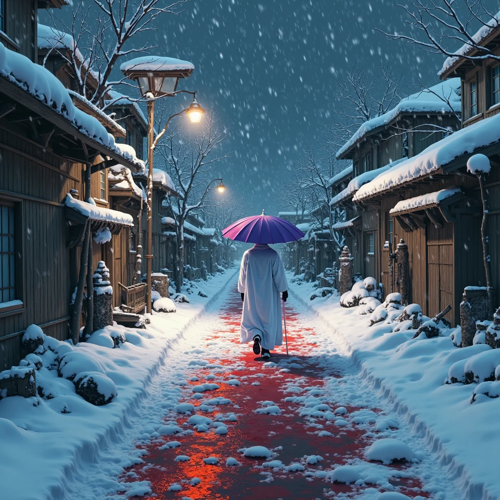 "Snow-covered Japanese street at night, lit by an old lamppost. Heavy snow falls from the dark sky. A lone figure in a traditional white kimono and holding a purple umbrella walks down the path. Blood is splattered across the snow, staining it crimson from a recent violent samurai battle. Swords and broken armor are half-buried in the snowdrifts. Dark, atmospheric, cinematic composition, with strong contrasts between the pure white snow and vivid red blood. Realistic style, inspired by classic samurai films, moody and haunting."