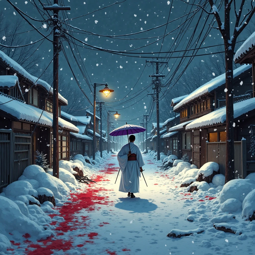 70s grindhouse, Snow-covered Japanese street at night, lit by an old lamppost. Heavy snow falls from the dark sky. A lone figure in a traditional white kimono and holding a purple umbrella walks down the path. Blood is splattered across the snow, staining it crimson from a recent violent samurai battle. Dead bodies and broken armor are half-buried in the snowdrifts. Dark, atmospheric, cinematic composition, with strong contrasts between the pure white snow and vivid red blood. Realistic style, inspired by classic samurai films, moody and haunting