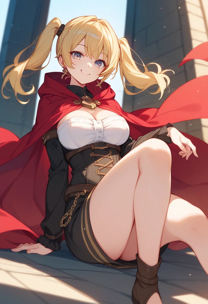 top-quality、Top image quality、masterpiece、An elf girl((18year old、Best Bust、big bast,Beautiful blue eyes、Breasts wide open, Blonde twintails、A slender,Large valleys、Reflecting the whole body、red scarf、Clothes in black robes、Physical education sitting、Laugh、Undressing Pose))hiquality、Beautiful Art、Background with((teepee、camp fire、Large grasslands、sunrises)))、,masutepiece、visualart、depth of fields、