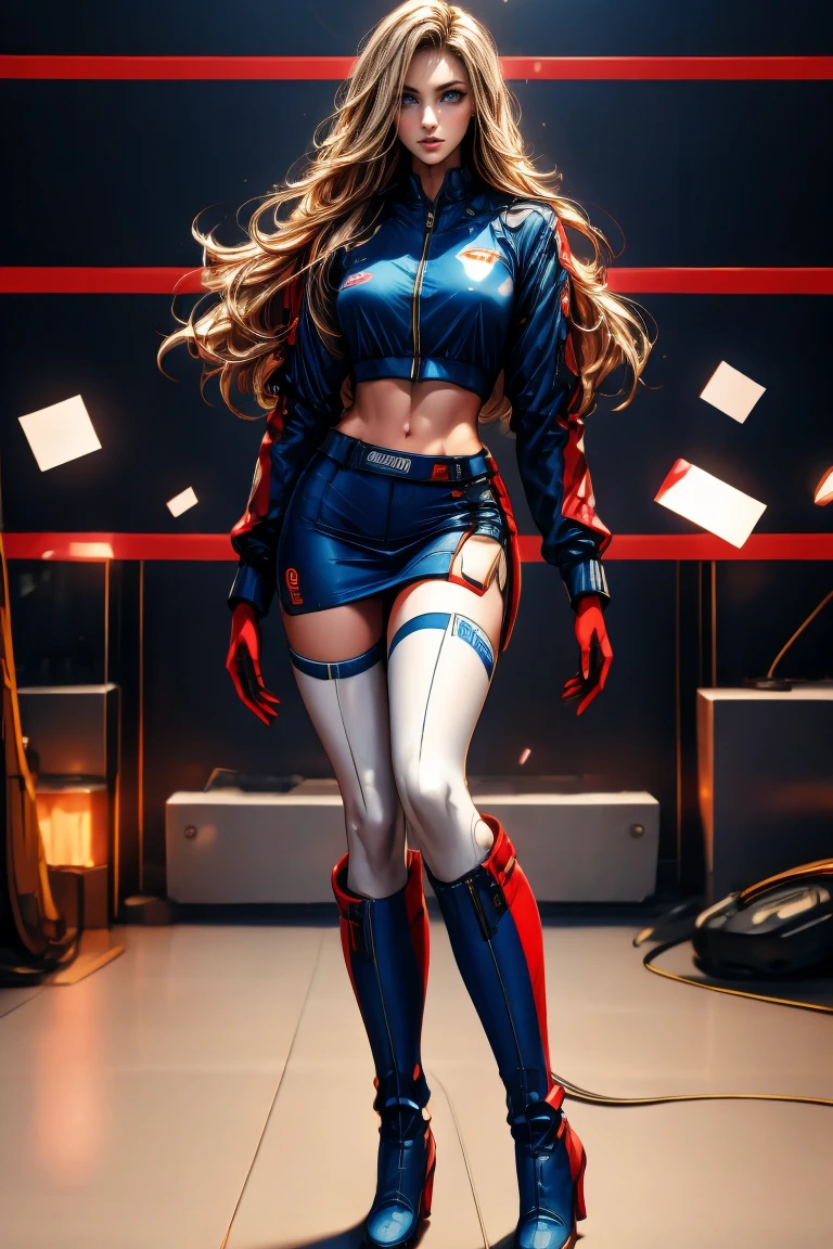 A full-body, ultra-detailed semi-realistic digital painting of a mature Polish woman in her early 40s, with a tall, toned, graceful figure that reflects classic Central European elegance. Her proportions follow a 10-heads-tall fashion model silhouette, with a modestly full bust, narrow waist, and long, shapely legs. Her posture is upright and relaxed, with a soft hip tilt that exudes calm confidence. Her skin is fair with a soft white tone and cool undertone, glowing naturally.
Her facial features are sharply defined—high cheekbones, a long straight nose, and a V-shaped jawline. Her eyes are almond-shaped, elongated, and slightly upturned at the outer corners, creating a cool, fox-like gaze beneath delicately arched brows. Her lips are medium-thin with a well-shaped Cupid’s bow, shaded in muted rose. Her makeup is clean and cool-toned: sculpted taupe eyeshadow, soft smoky shading below the eyes, and highlight accents to enhance her bone structure.

She wears a sleek race queen outfit inspired by the Polish national colors: a red and white zip-up crop top with silver trim and subtle structure, paired with an ultra-short asymmetrical skirt featuring red and white blocks and integrated black sponsor logos. Thigh-high white boots with red stripe accents and fitted red fingerless gloves complete her athletic, aerodynamic look. The suit reflects ambient light with a smooth, synthetic sheen and patriotic tone.

Her long blonde hair is sleek and waist-length, center-parted and naturally styled, flowing cleanly down her back without bangs or accessories.
She stands at a modern Polish racetrack with crisp architectural lines, national flags in soft focus, and cinematic cool lighting that highlights her confident, modern silhouette.
Masterpiece, best quality, semi-realistic, 8K resolution, cinematic lighting, hyperrealistic portrait, finely detailed, detailed eyes, soft fabric texture, cyber-race queen aesthetic.