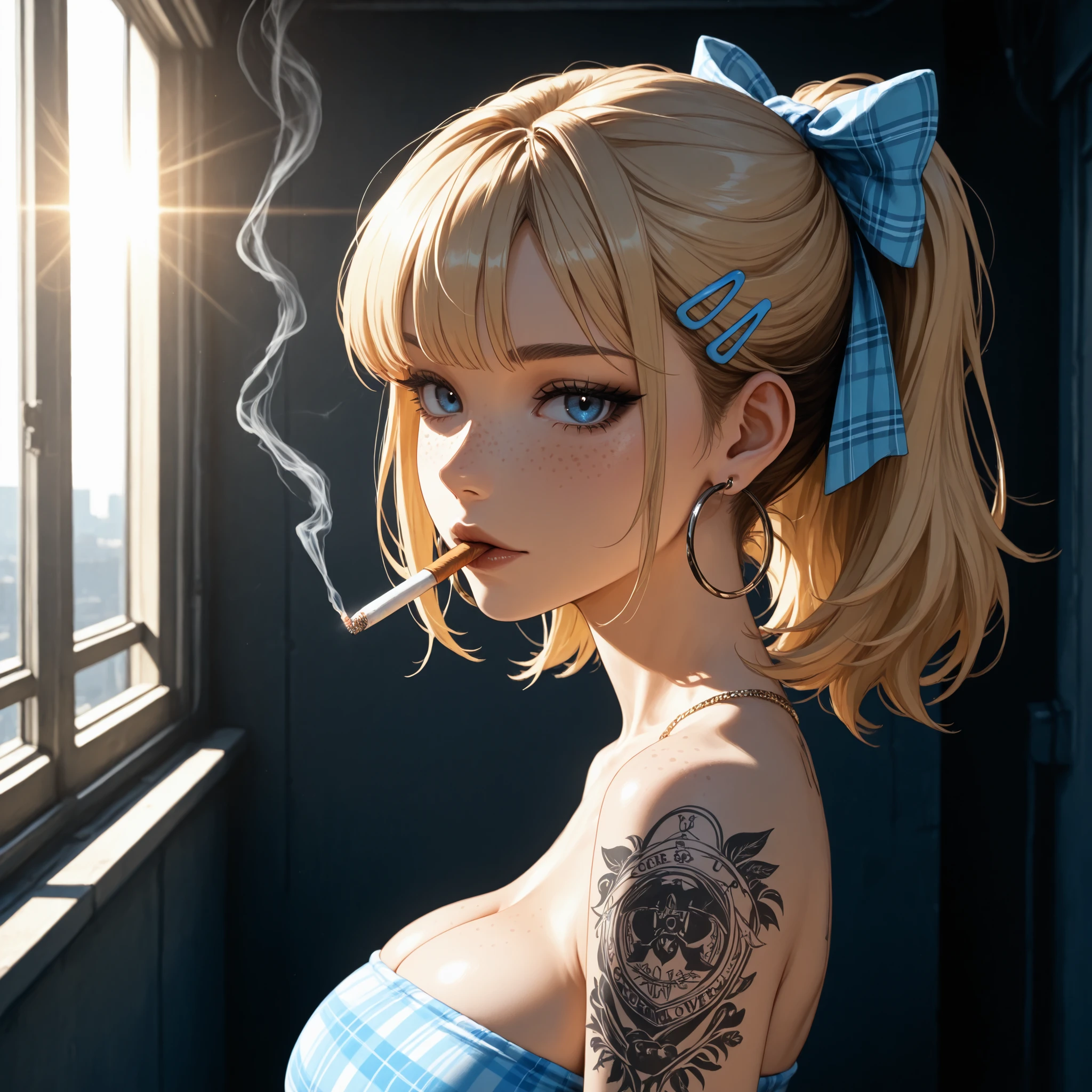 24 year old girl, standing outside next to dumpster, view from side, blue eyes, dark makeup, alt girl, cigarette in mouth, close up, 1girl, Solo, High Resolution, looking at viewer, Bangs, Hair Bow, Masterpiece, High Resolution, Anatomically Correct, Detail, High Details, High Quality, Hoop Earrings, cute freckles, seductive expression, plaid Hair Ribbon, Jewelry, Hair Clip, Backlighting, Bloom, Cinematic Lighting, God Rays, score_9, score_8_up, score_7_up, cinematographic film image, blonde, influencer, model, beautiful, many tattoos, tube top, large breasts, 