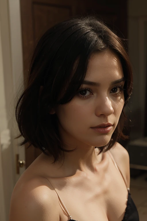 (Best Quality,4k,8K,hight resolution,Masterpiece:1.2),Ultra-detailed,(Realistic,Photorealistic,photo-realistic:1.37) girl in wet white shirt exposing long cleavage ,material made from nylon see through, Detailed facial features, lusty expression , dark lipstick , lust and succubus in her eyes . chocker chain around neck wet and humid room , tired and used appearance , impressive and seductive pose ,High-contrast lighting, intense look on the girl's face, Very realistic image, bright color palette with desaturated tones, gentle warm color gradation, Dynamic lighting effects