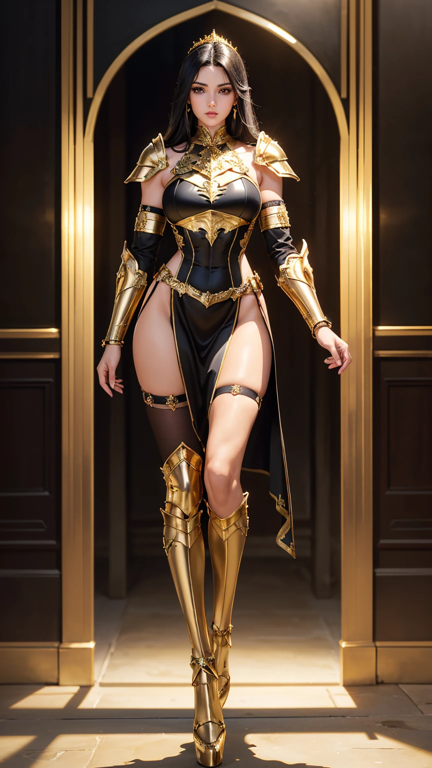 ((Full body photo,standing, feet on the ground)), Saria has large breasts, helmet on her head, black color with golden parts/futuristic Egyptian costume, Egyptian necklace on her neck, extremely tight on her body, (in an ancient city raining hard and thundering), she has (short red hair, blue eyes), is with her hands closed, holding a scepter of pure gold, landing for the viewer, extremely exhibitionist, is looking at the viewer, manic smile, face with red cheek, hair and clothing all wet, semi transparent clothing, light makeup on the face, Futurism, 16k, UHD, retina, masterpiece, ccurate, anatomically correct, best quality, high quality, textured skin