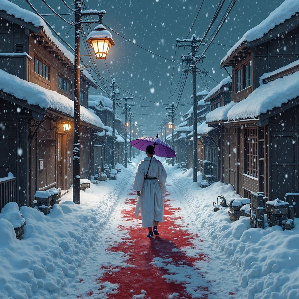 70s grindhouse, Snow-covered Japanese street at night, lit by an old lamppost. Heavy snow falls from the dark sky. A lone figure in a traditional white kimono and holding a purple umbrella walks down the path. Blood is splattered across the snow, staining it crimson from a recent violent samurai battle. Dead bodies and broken armor are half-buried in the snowdrifts. Dark, atmospheric, cinematic composition, with strong contrasts between the pure white snow and vivid red blood. Realistic style, inspired by classic samurai films, moody and haunting