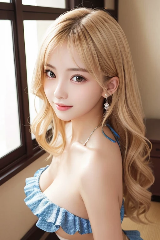 highest quality、masterpiece、Ultra-high resolution、Realistic、RAW Photos、1 girl、Sexy Looks、Shoulder hair、The lower half of the body is curled up and wild....、Cute Smile like a model、frontage、hair color is blonde、Red OL office girl outfit、Photo shoot sculpture、Regular high heels、Double Eyes、Apply mascara、Cute pose like a model、Cute Face、Gorgeous as a model、Ultimate beauty、Cute Smile、Bright smile、Masseter region、highest quality、photo shoot、Sexy frilly shorts are in full view、A shy smile、Perfect eyes and nose