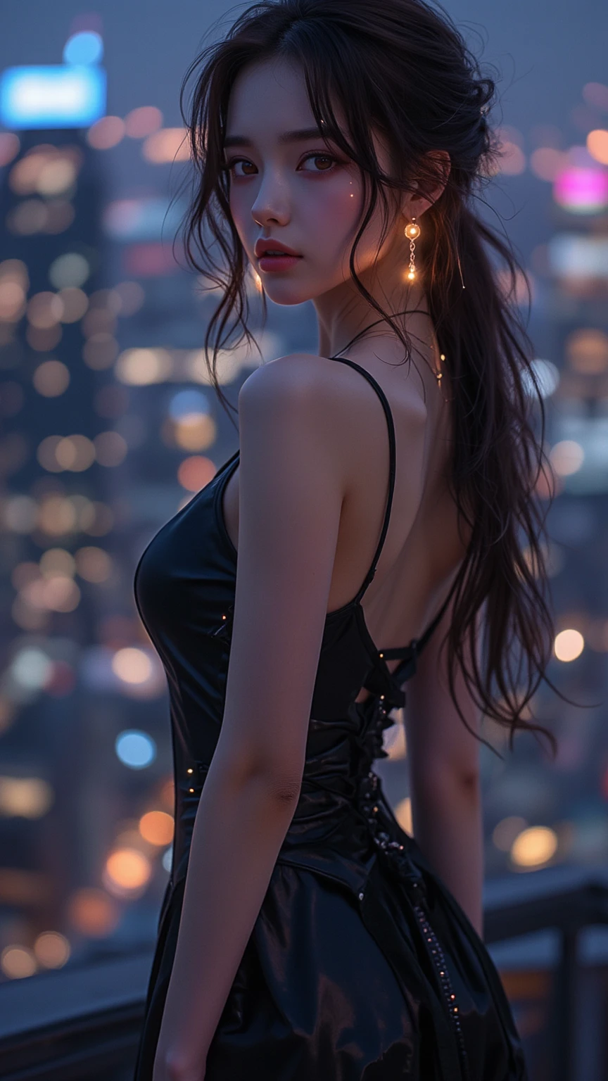 Waist high, fantasy art, photorealism, dynamic lighting, art station, poster, volume lighting, highly detailed face, perfect eyes, (official uniform: 1.4), long hair, maroon cyan lace dress, delicate clavicle, bare shoulders, Breast augmentation, small waist, hips, legs, crouching, from behind, looking at viewer, neon backlit