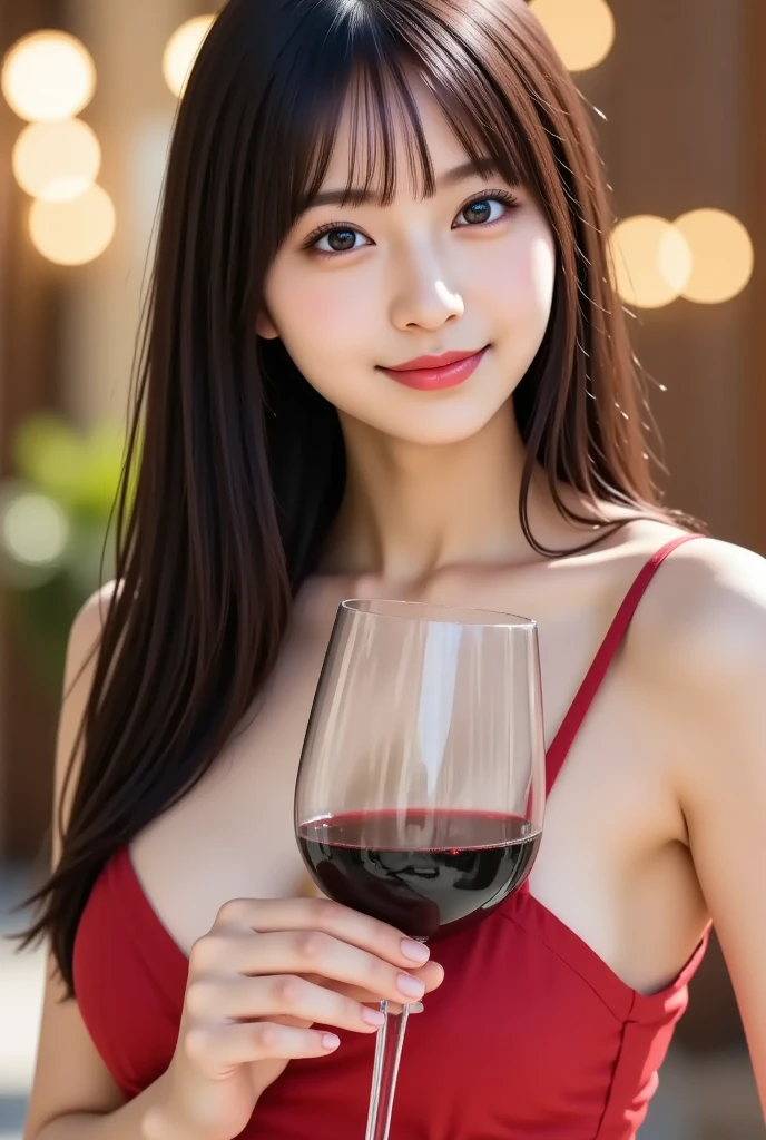 Single girl photo (highest quality、8k、masterpiece:1.3) 1 female、Happy Smile、 (Slim face), (The body is スリム), (Brown Hair), (Shortcuts), ((Bob Hale、Straight hair:1.2)), Wine glass on the table、Please put light on my face、 Amazing view of the sunset sky and clouds、Amazing mountain views、The wonderfulness of smiles、Bright image、Blushing, Shortcuts,Bright Face、 (42 years old), red wine 、Appetizers、Italian food、Wine bottle、Champagne、sparkling wine、Long bikini、dress、Attractive beauty、restaurant, Nova Frog Style, actress, model, Upper Body, White wine, red wine, wine glass,
