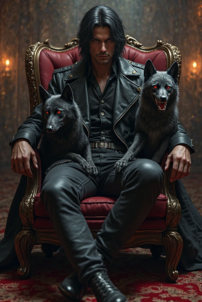 Loona the hellhound and roxxane wolf the animatronic sitting in a kings lap with the king that looks like black hair red eyes and a black leather jacket and jeans and boots 