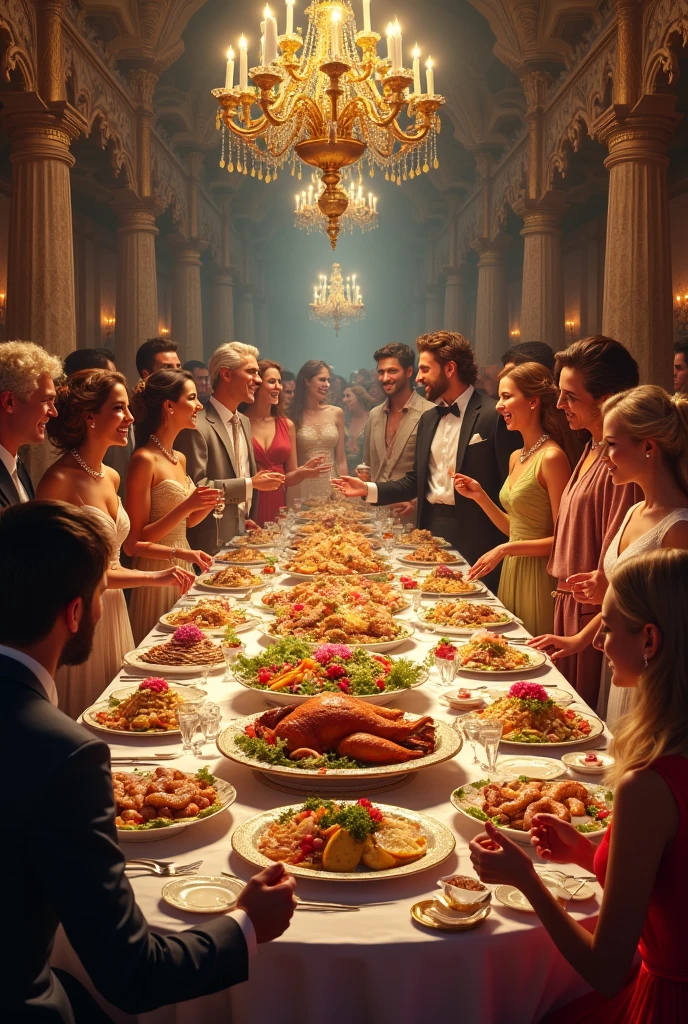 Banquet in a castle, people dancing, eating and drinking wine, highly detailed 8K --auto --s2