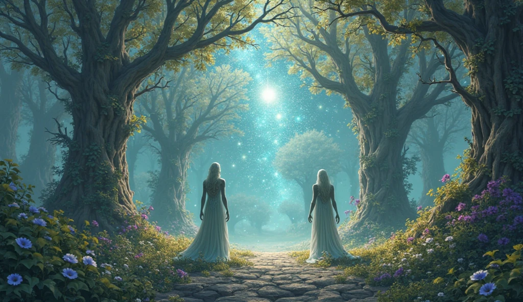 "A dreamy fantasy landscape with tall, majestic, and magical trees that have glowing leaves in soft colors like teal, violet, and gold. The sky is visible through the treetops, sparkling with stars and a magical glow. In the center of the scene, there are one or two ancient giant humanoids with a primitive look — their bodies are covered with leaves and vines to modestly hide their private parts. They are standing peacefully, gazing up toward the magical, glowing sky with a sense of wonder and mystery. The whole scene feels peaceful, ancient, and filled with magic."

