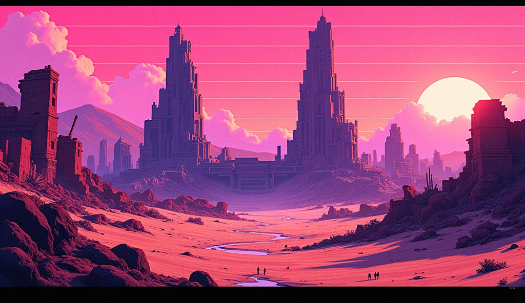 A digital art illustration of a cyberpunk desert landscape, rendered in a retro, 80s-inspired style. The ruins of a once-thriving city, now overgrown with sand and desert vegetation, stand as a testament to a forgotten era. The sky is a vibrant gradient of pink and purple, casting long shadows across the desolate landscape. Glitches and vaporwave-inspired patterns distort the scene, adding to the sense of nostalgia and decay. The illustration is rendered in a pixel art style, reminiscent of early computer graphics, capturing the retrofuturistic aesthetic of the scene