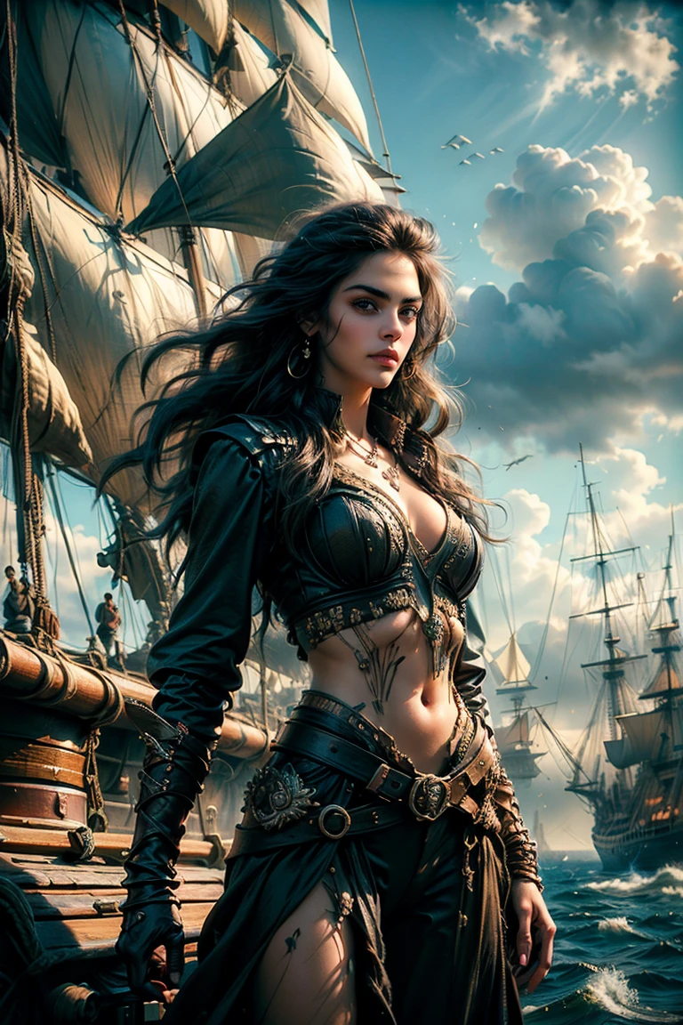 Create a stunning visual portrayal of a pirate woman with long flowing black hair that cascades down her back, reflecting the moonlight. Her face is adorned with a mischievous and captivating smile, hinting at her adventurous spirit. She is adorned with an array of exquisite jewelry and precious stones, which shimmer and glisten in the moonlit night. In one hand, she confidently wields a gleaming sword, symbolizing her prowess in combat. The scene is set on a mysterious pirate ship, with billowing sails and crashing waves, evoking a sense of thrilling adventure on the high seas.