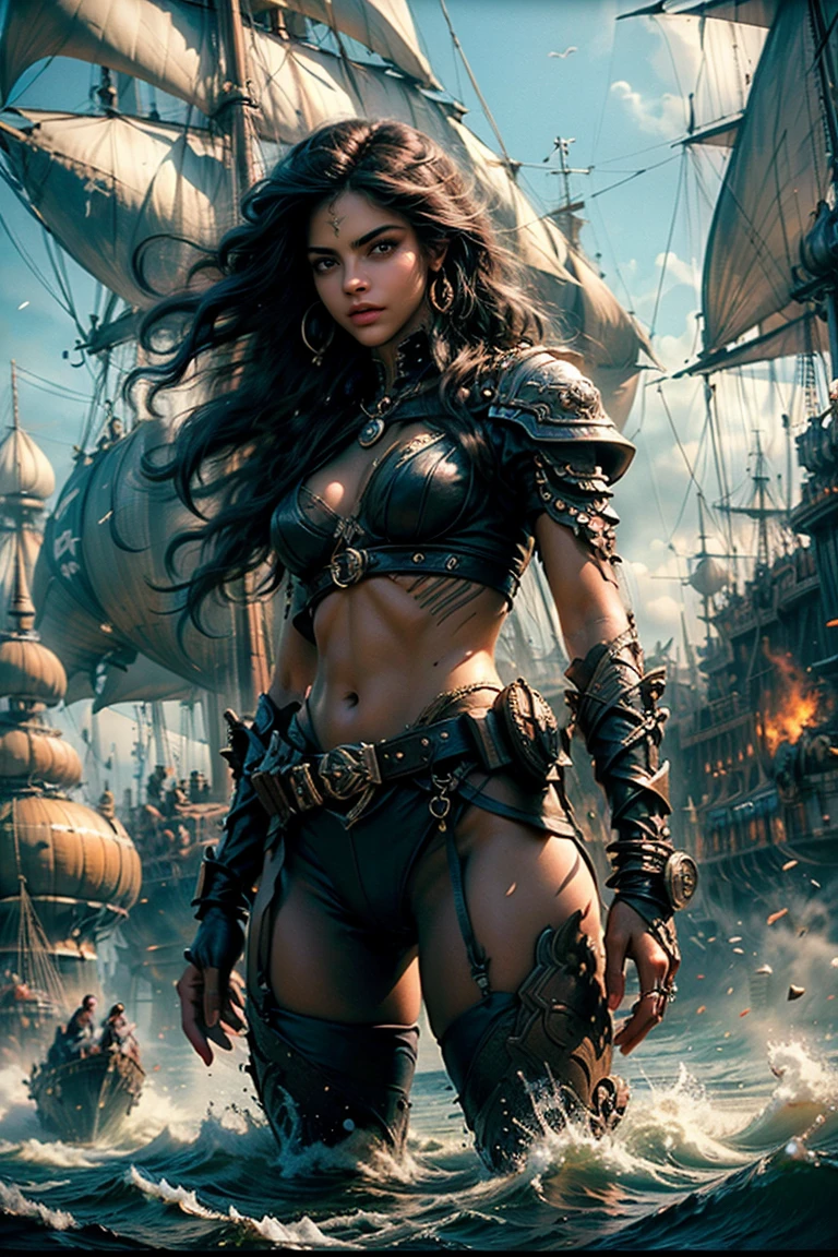 red minotaur woman, with horns, sexy on a pirate ship and an eye patch, fully body 