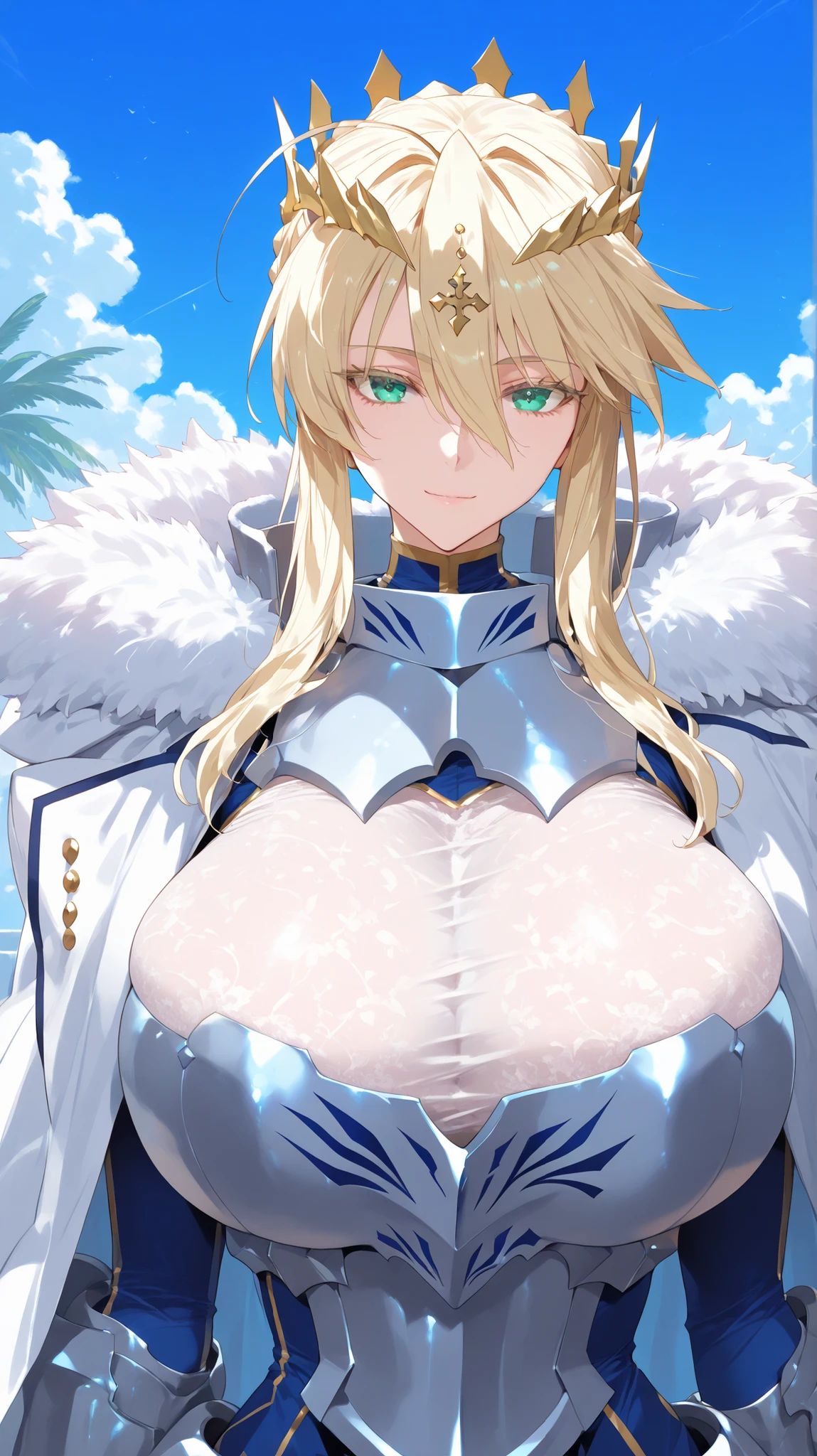Masterpiece, SFW, very aesthetic, elegant mature woman, artoria pendragon (lancer) (fate), artoria Pendragon Armor, battle worn armor, breastplate,, visual novel cg style, breast armor (covered breasts) , full lace body tights, white armor , fur trim and  white cape armor , covered chest armor, Armor, , looking at viewer, slight smile, summer, daytime, blue sky background, beautiful clouds, 