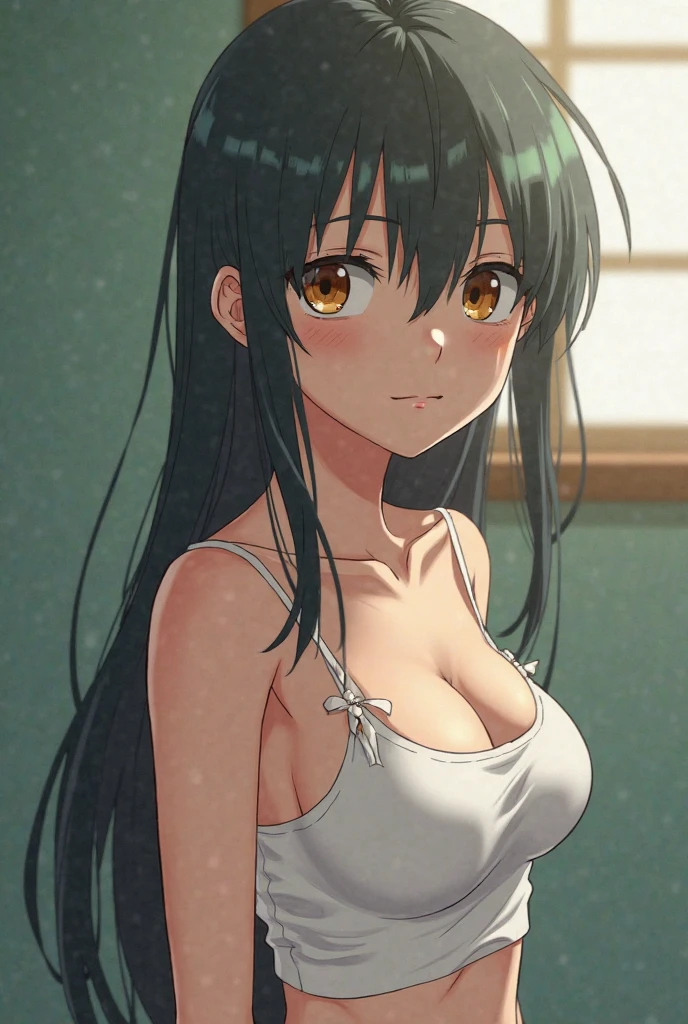 (High resolution:1.4), (masutepiece:1.2), (High quality:1.3) 1girl, saten ruiko, green eyes, long hair, black hair, small breast, tank top, hot pants, cinematic lighting, pov, grin, dynamic angle, nsfw