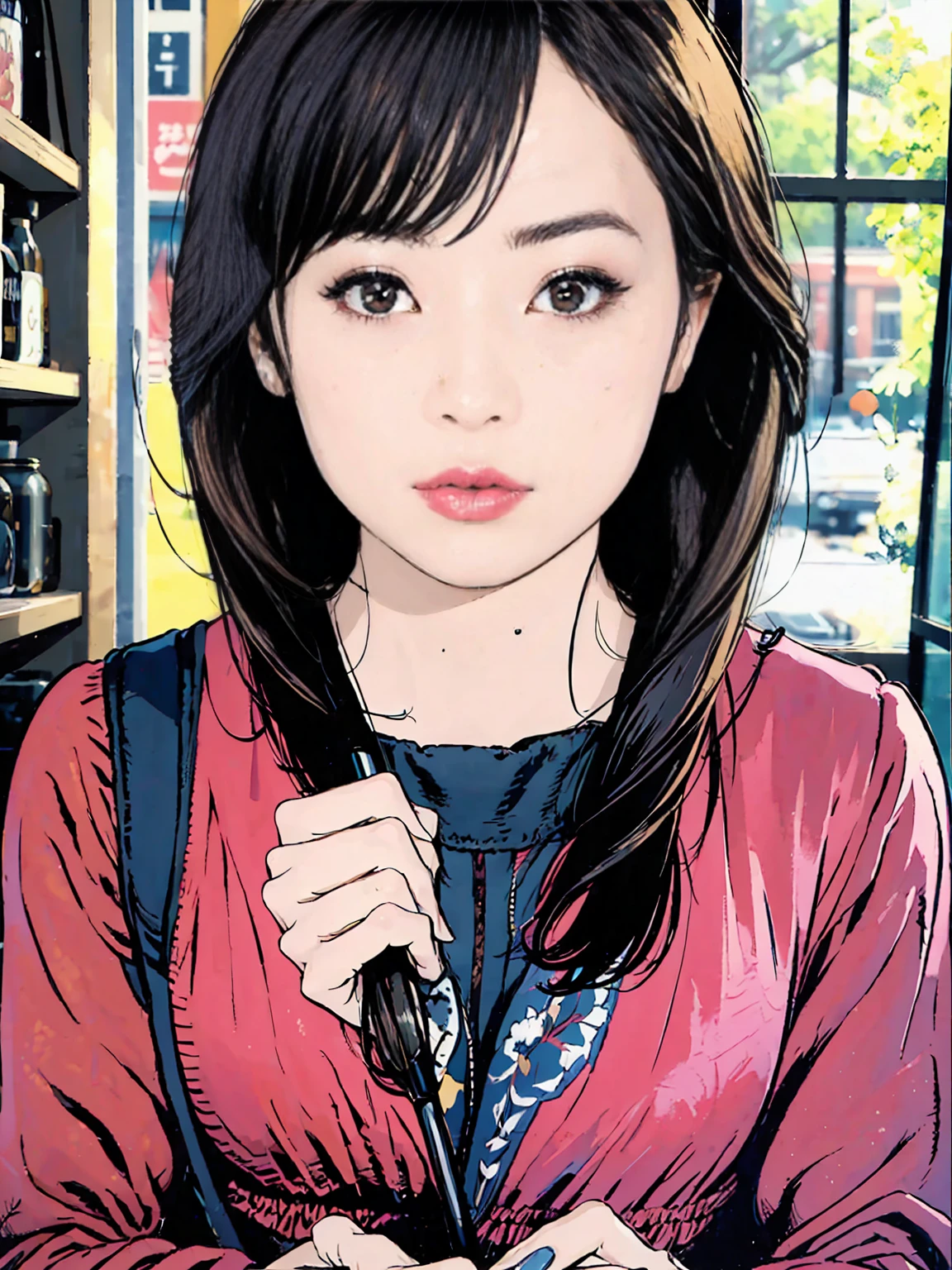 pastel colors ,  1980s Style  ,art colored pencil drawing，( top quality:1.2, very detailed, newest, lively , High Contrast , masterpiece:1.2,  best aesthetics),((greatest masterpiece)),(((top quality)))high resolution、((The Most Beautiful Woman in the World、 :1.4))colorful hair color,short bob ,casual clothes、miniskirt、 thin black pantyhose、