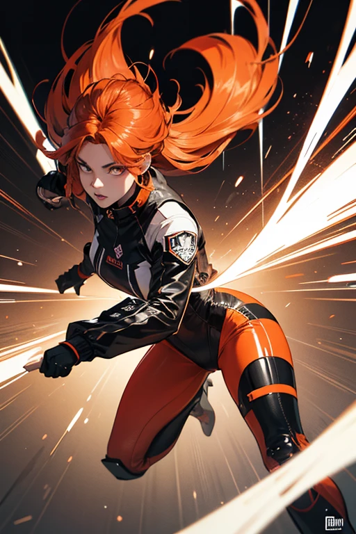 The graphic design is illustrated with bold and dynamic elements, characterized by fiery orange hair styled in a modern and dense style.. The background includes bright red and white lines that suggest movement and energy..  text showing  "ancestry" There is clearly a striking font at the bottom, highlighting a sense of vitality and activity.. The general atmosphere is characterized by vitality and activity, with a contrasting dark background that highlights bright colors and dynamic combinations.