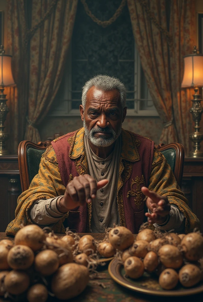 Chike surrounded by wealth, but his face is tense as he watches yams rotting and his hands shaking.