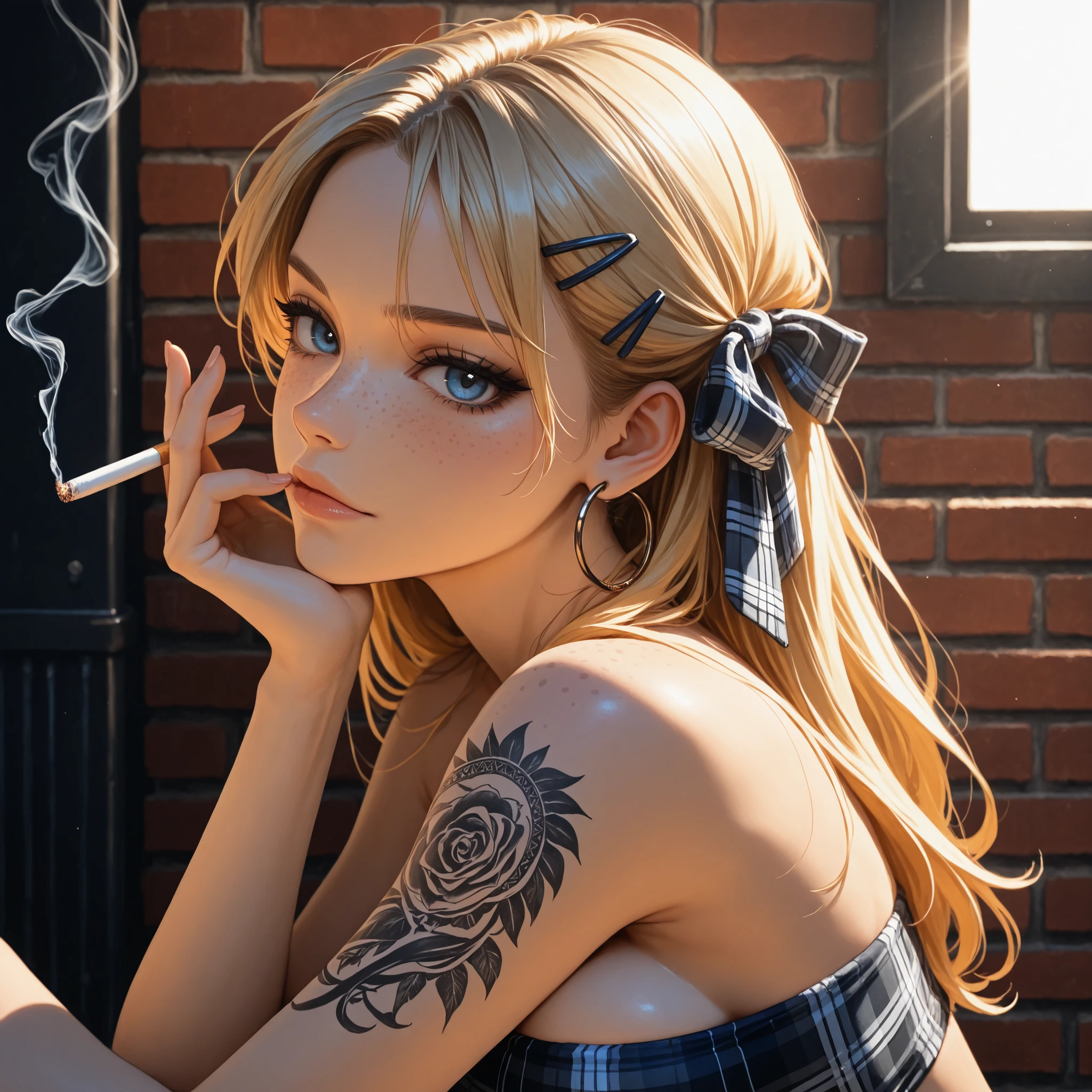 24 year old girl, leaning against old brick wall, view from side, blue eyes, dark makeup, alt girl, holding cigarette, close up, 1girl, Solo, High Resolution, looking at viewer, Bangs, Hair Bow, Masterpiece, High Resolution, Anatomically Correct, Detail, High Details, High Quality, Hoop Earrings, cute freckles, seductive expression, plaid Hair Ribbon, Jewelry, Hair Clip, Backlighting, Bloom, Cinematic Lighting, God Rays, score_9, score_8_up, score_7_up, cinematographic film image, blonde, influencer, model, beautiful, tattoo sleave, tube top, large breasts,