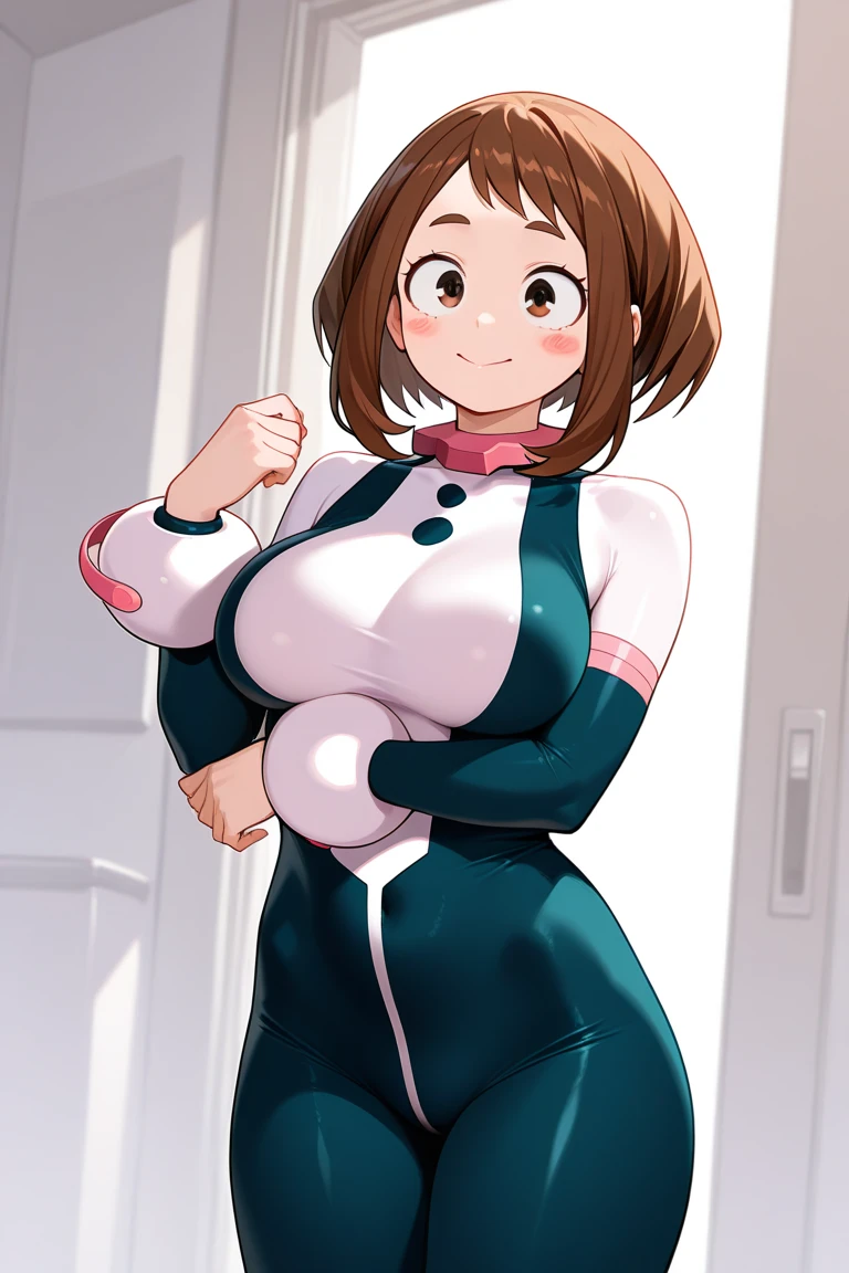 Ochako Uraraka, brown eyes, brown hair, short hair, blush, blush stickers,bodysuit, skin tight, superhero,、ahegao、smile、Ultra-detailed illustrations、Ultra-precise expression、masterpiece、Highest quality、ultra High resolution、High resolution、Hiromitsu Takeda Style、White background、Simple Background、whole body、One girl、solo、White Breath、Sweat、Glowing Skin、shiny skin、Front angle、View your viewers、stand、Completely naked、pubic hair、Big Breasts、